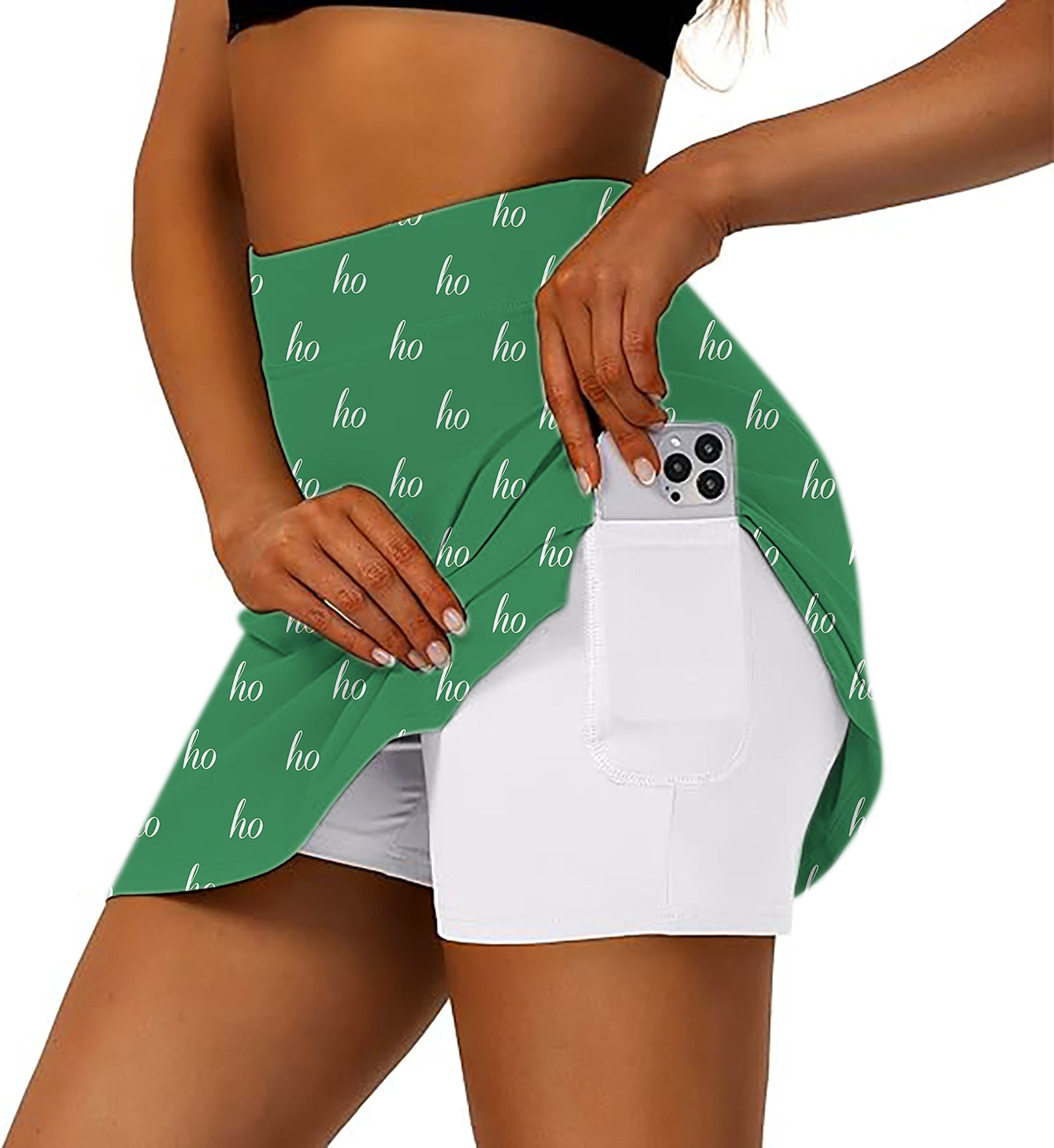 Women's -Green Custom Name Christmas Golf Skirts Inner Shorts Pocket