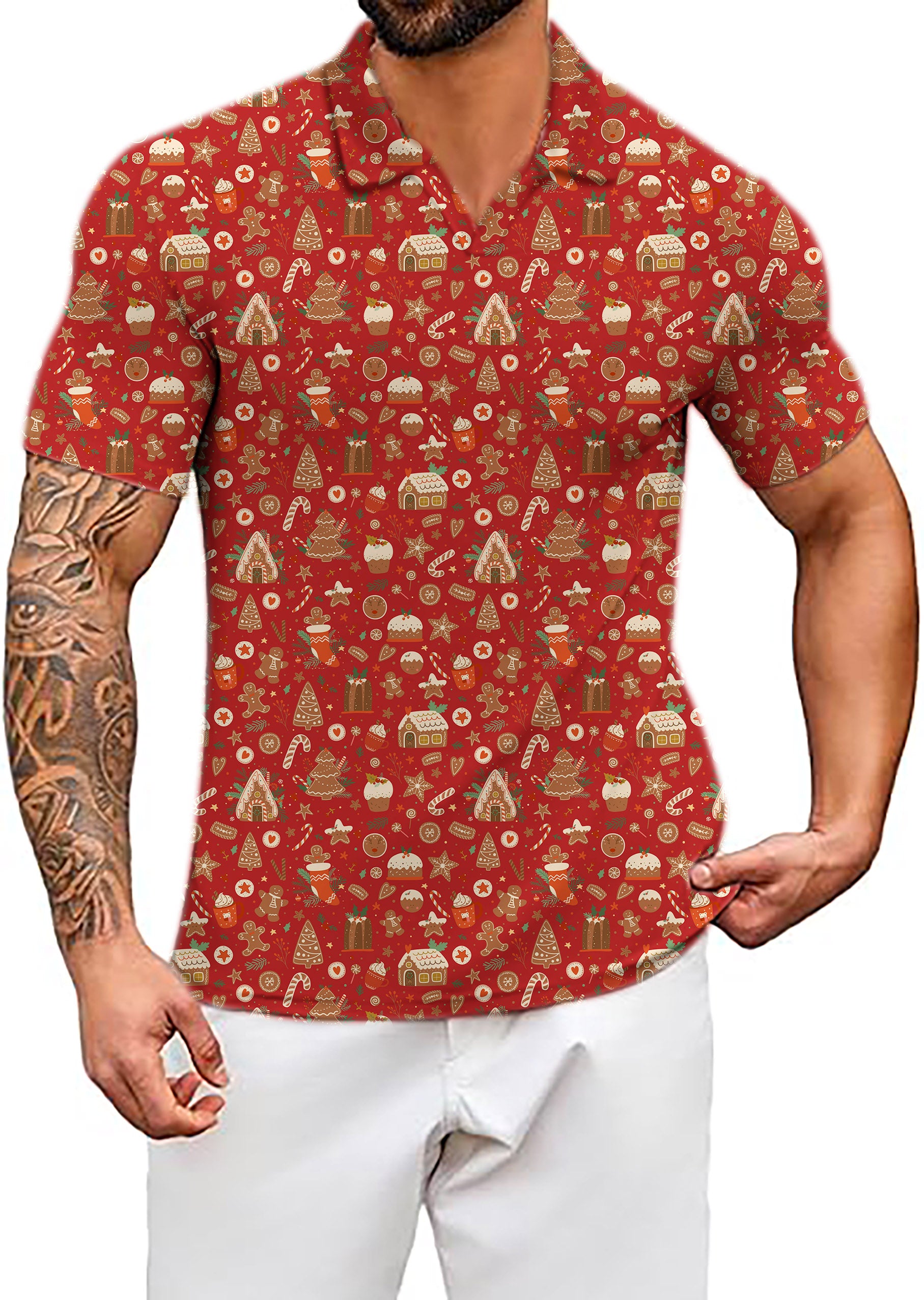 Men's Red Christmas Candy House V Neck Golf Polo Shirts