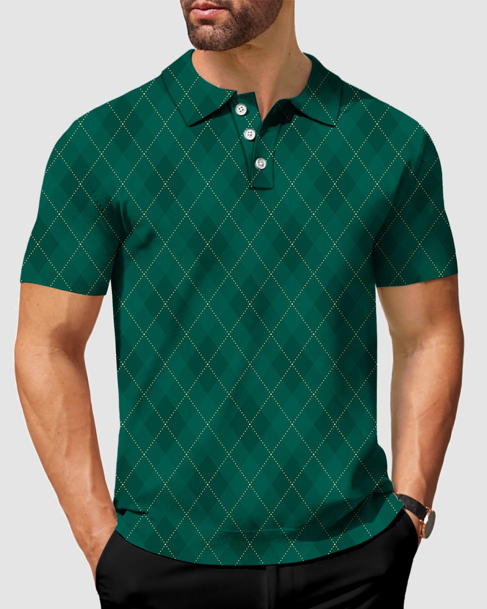 Men's Green diamond grid Golf Polo