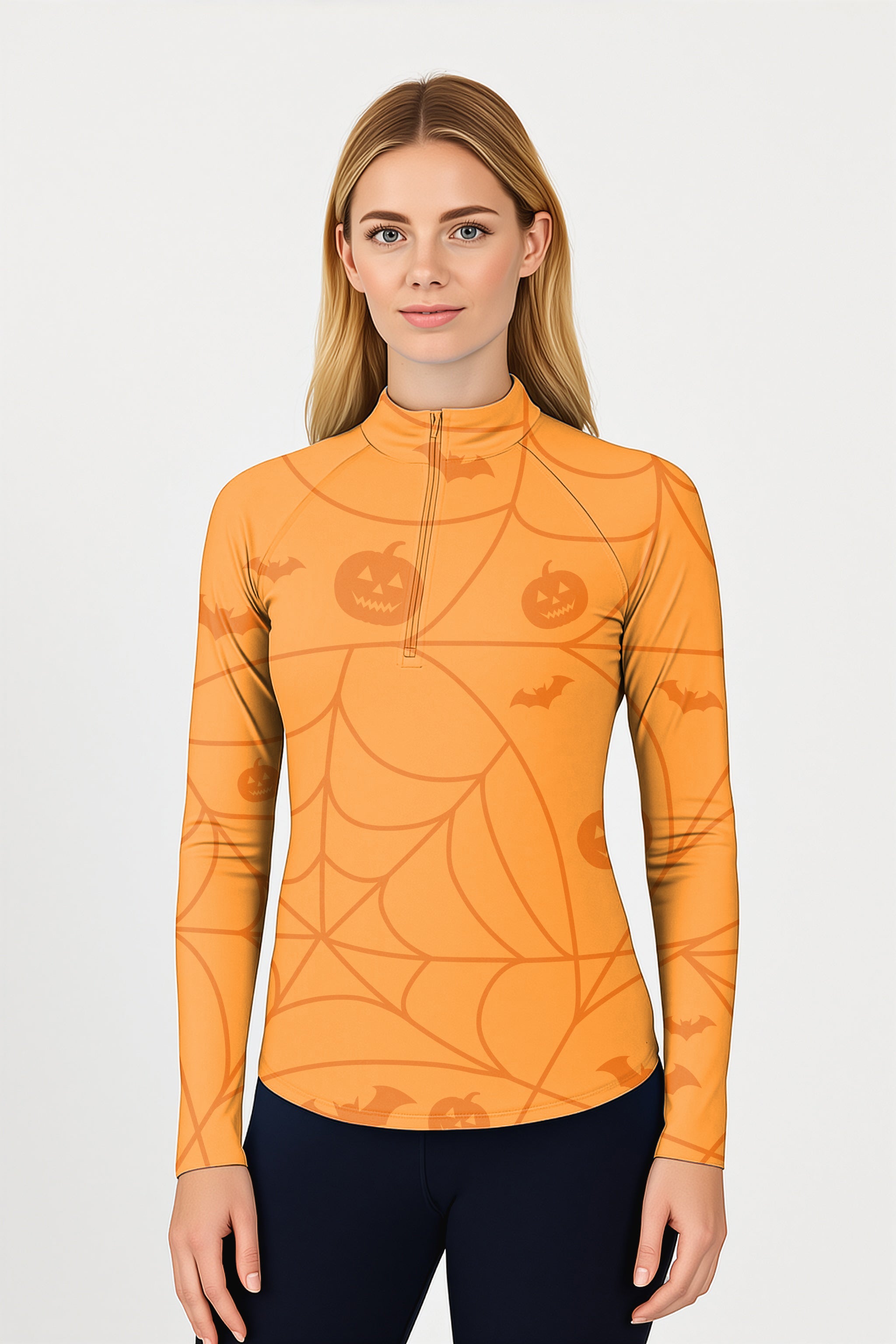 Halloween Spiderweb Pumpkin Women's Golf Active 3/4 Zipper Top Long Sleeves