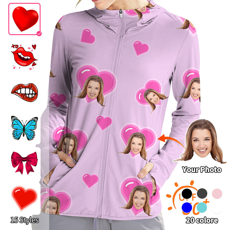 Valentine's Day Women's Outdoor Custom Photo Face Custom Color Purple Love Golf Sun Protection Slim Fit zip hoodies