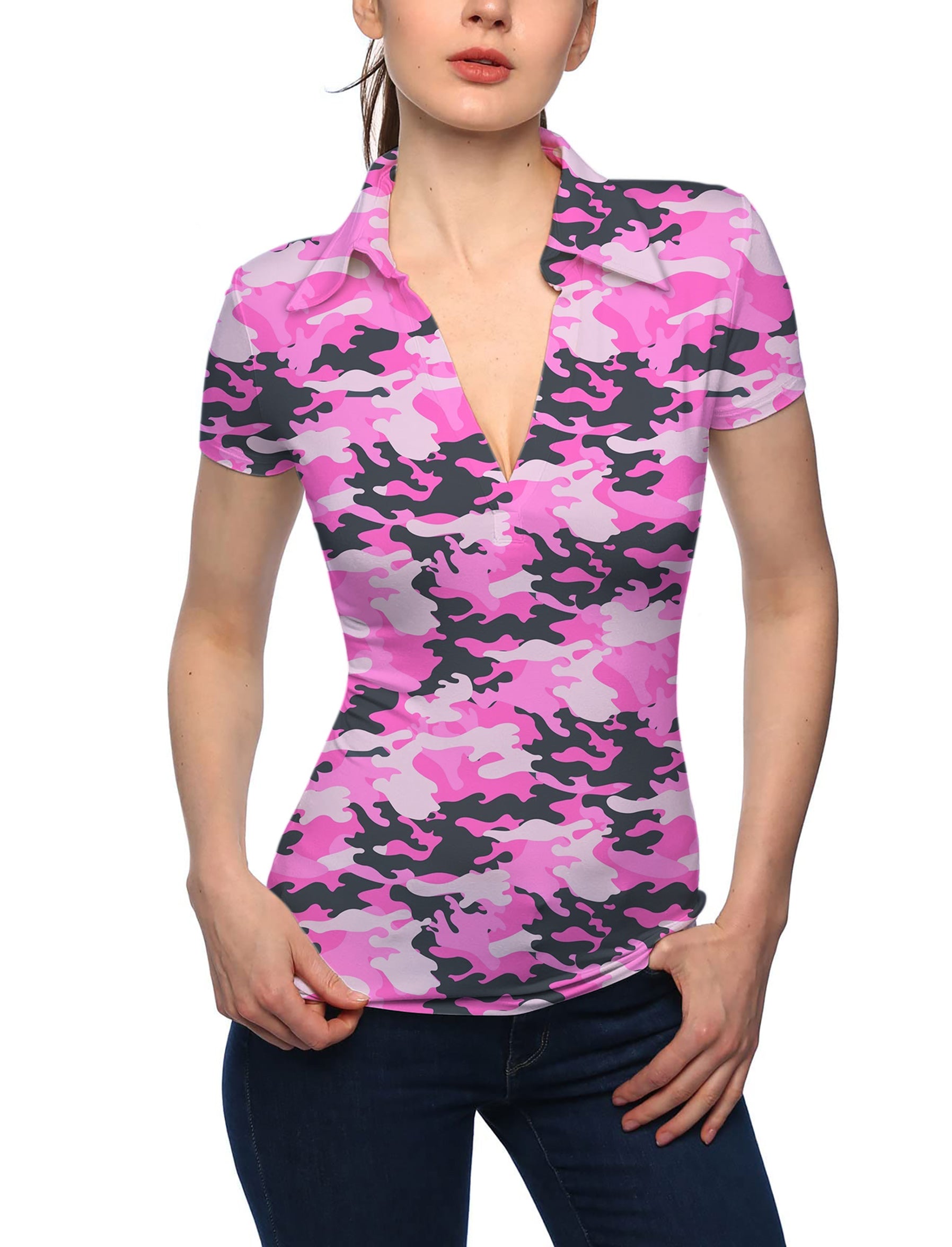 Women's Pink Camo V Neck Golf Polo