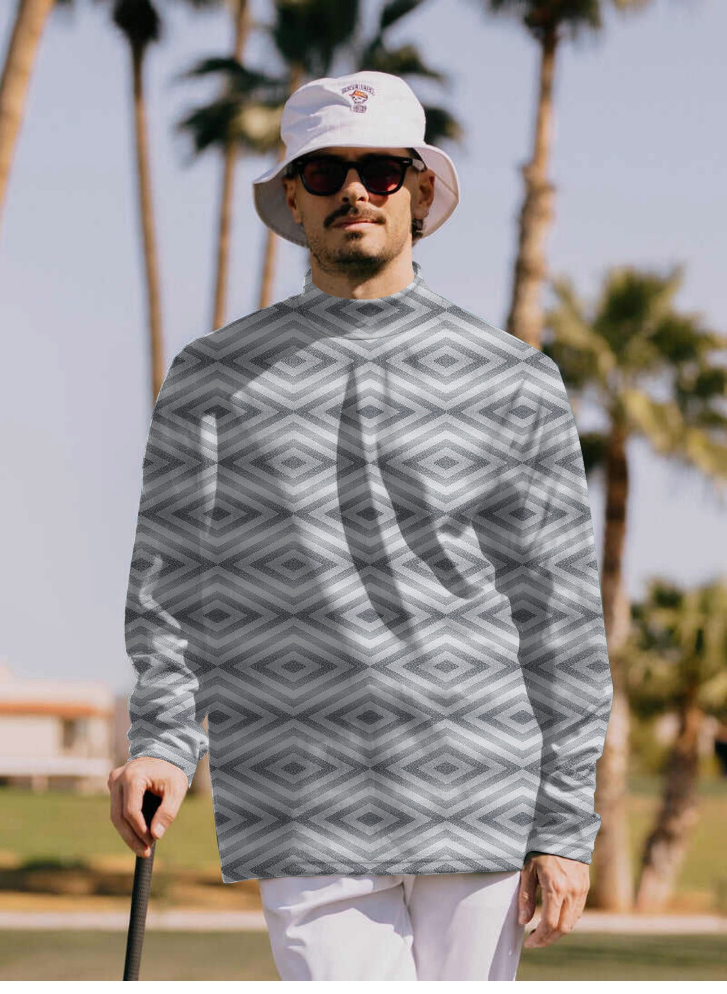 Men's Gray stripe Pullover High neck Long/Short sleeve T-Shirt