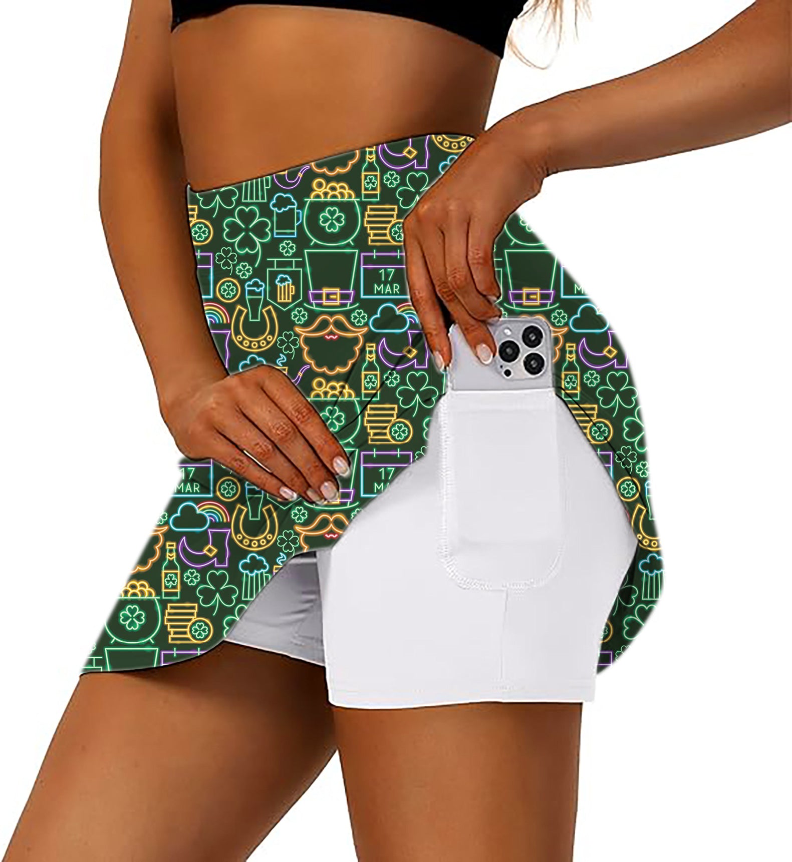 Women's Neon Saint Pattys Party Golf Skirts Inner Shorts Pocket