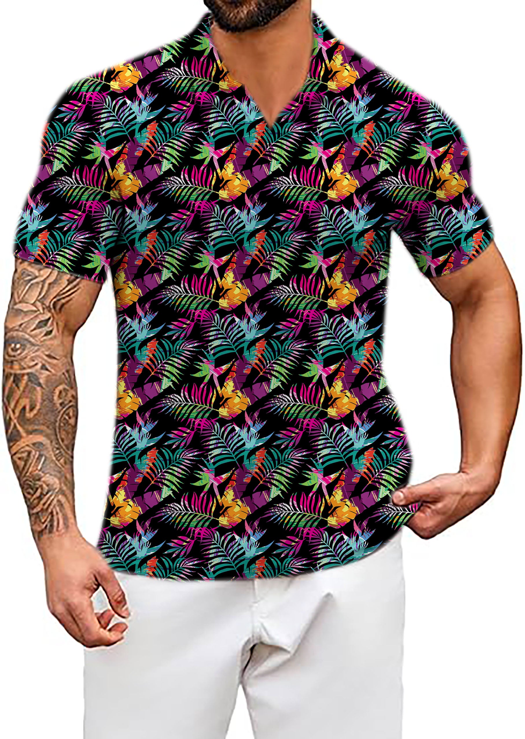 Men's Palm Tree V Neck Golf Polo Shirts