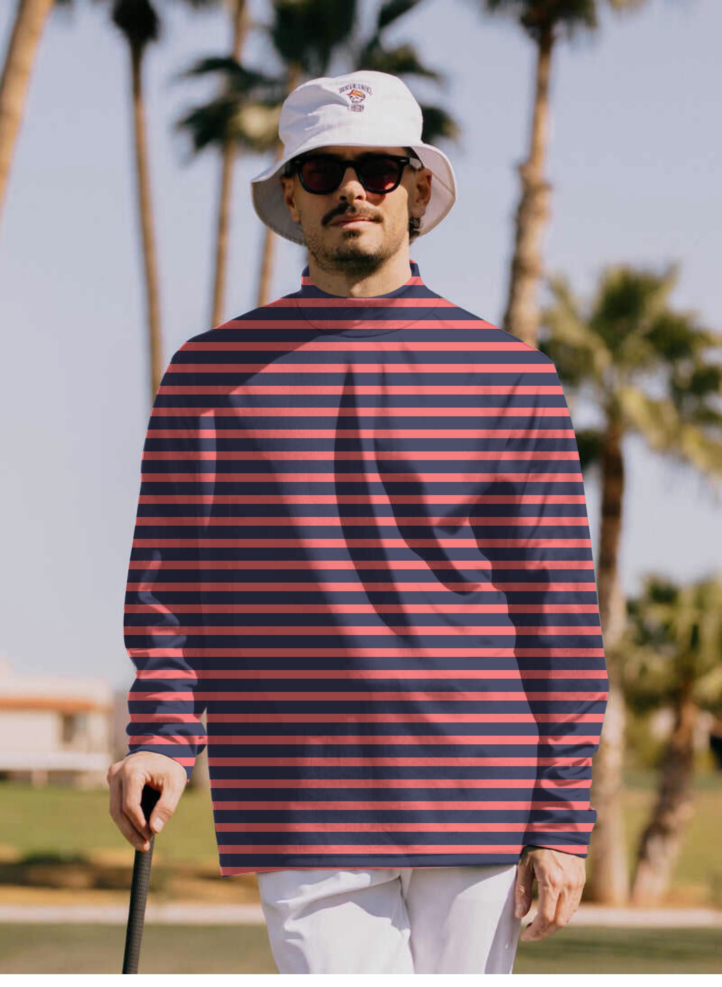 Men's Navy Red Stripes Pullover High neck Long/Short sleeve T-Shirt