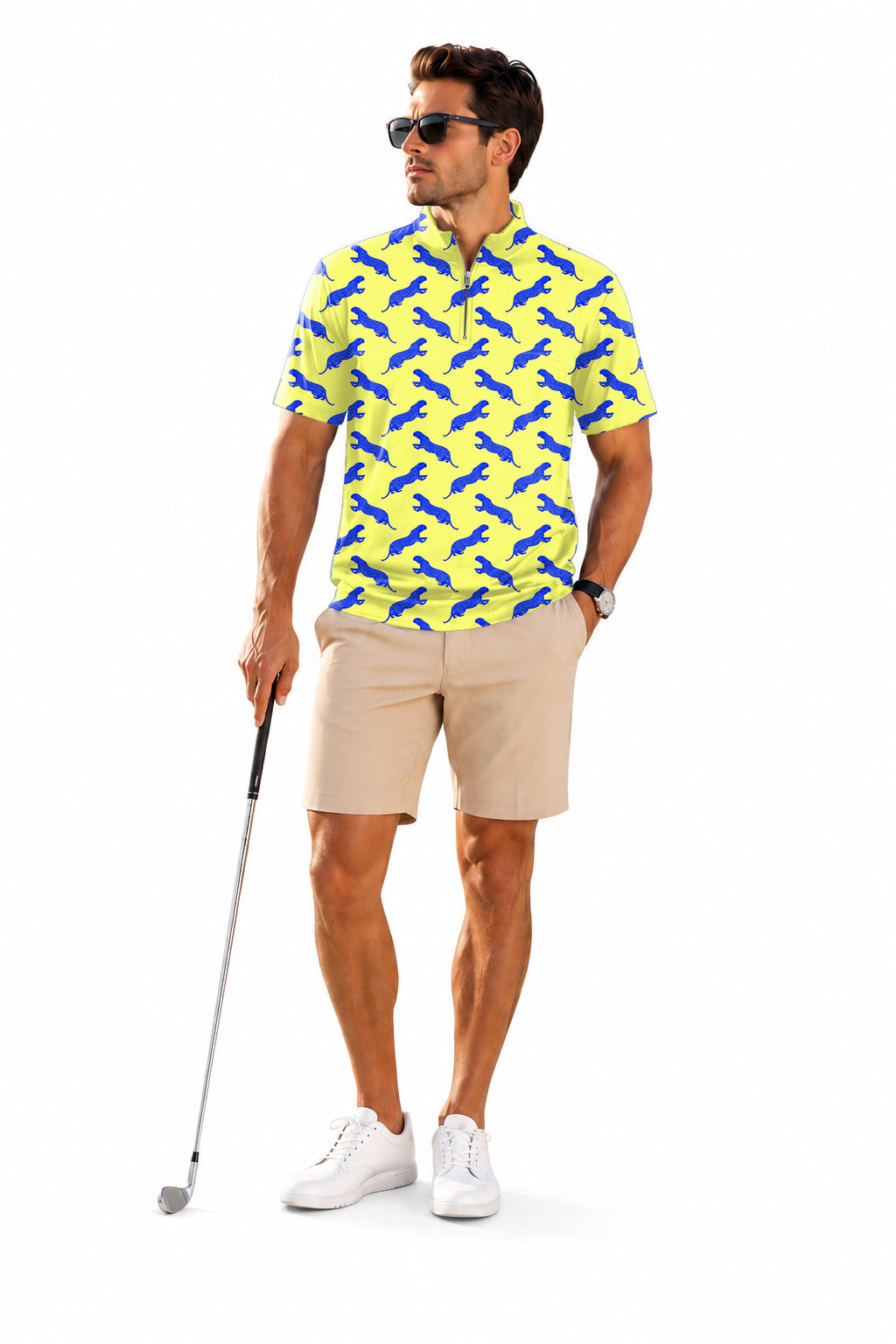 Men's Short Sleeve Quarter Zip Golf Pullover  blue leopard Embroidery