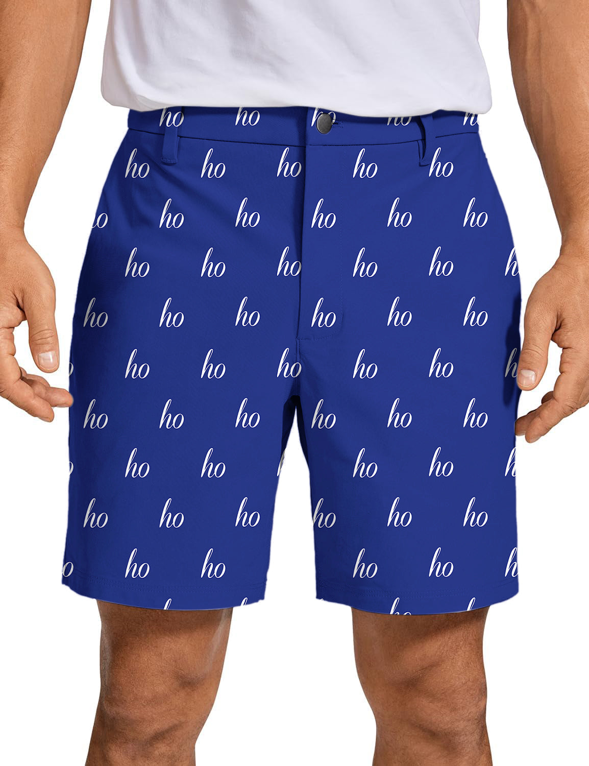 Men's blue custom name Christmas golf shorts with "ho" pattern for premium performance and comfort