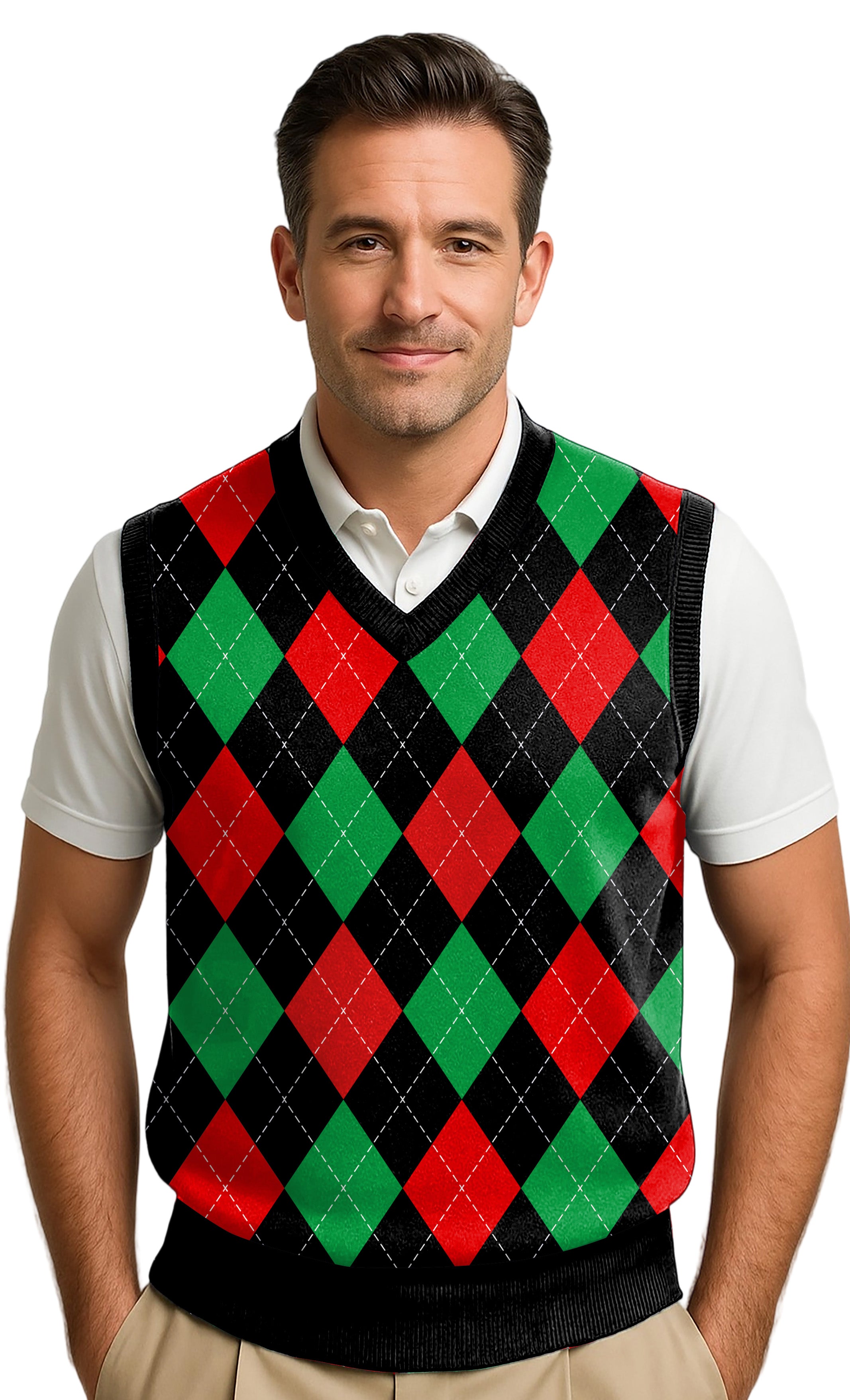 Men's Argyle Wool Sweater Vest - Mens Black/Red/Lime