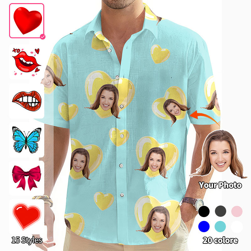 Valentine's Day Custom Photo Face Custom Color Green Blue Men's Golf Hawaiian Shirts Button Down Shirt