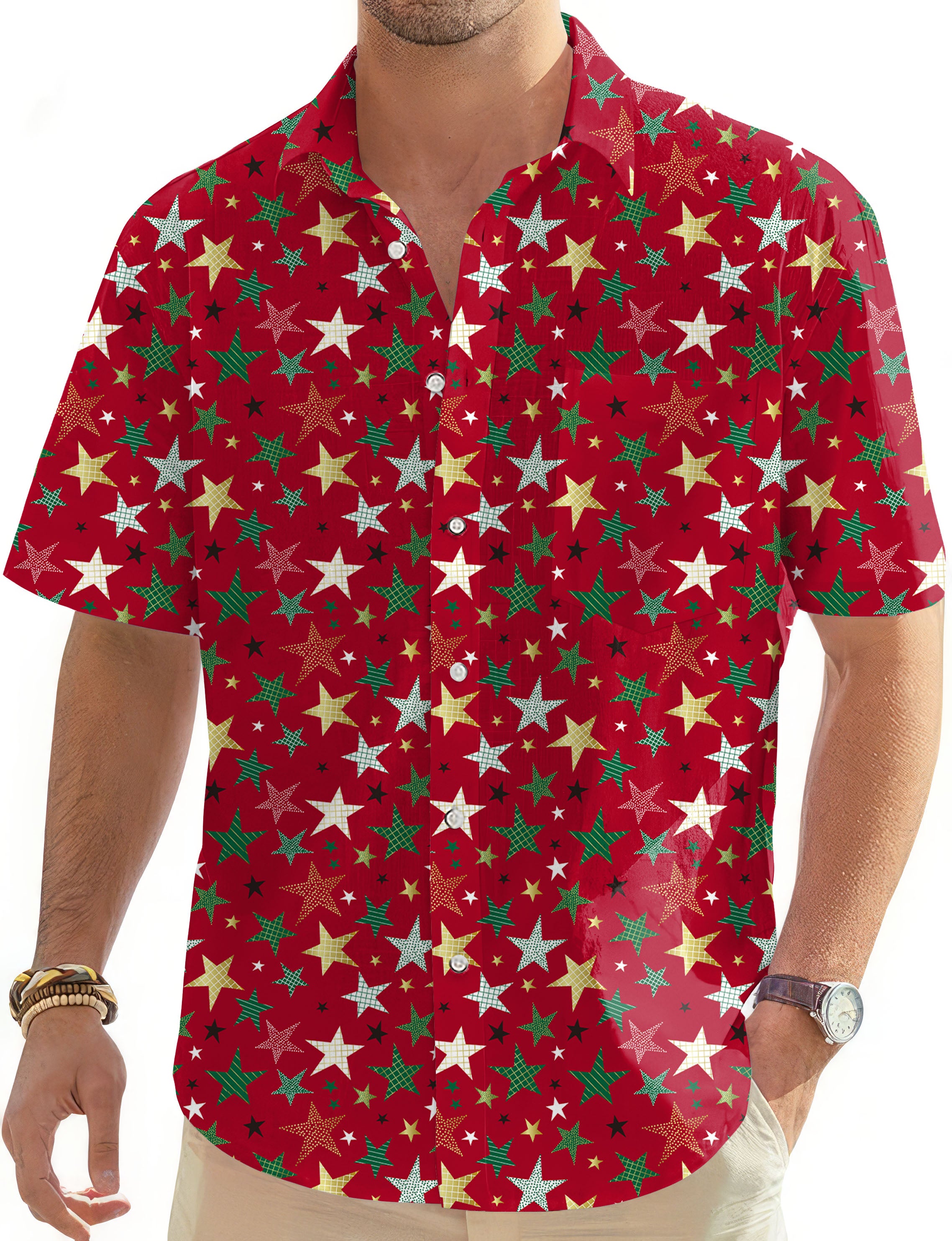 Colorful Stars Christmas Men's Golf Hawaiian Shirts Button Down Shirt