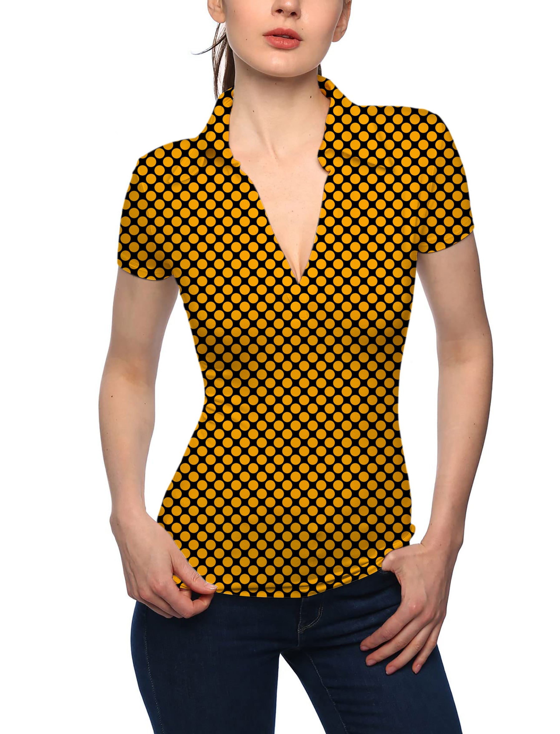 Women's Halloween black and yellow polka dots V Neck Golf Polo