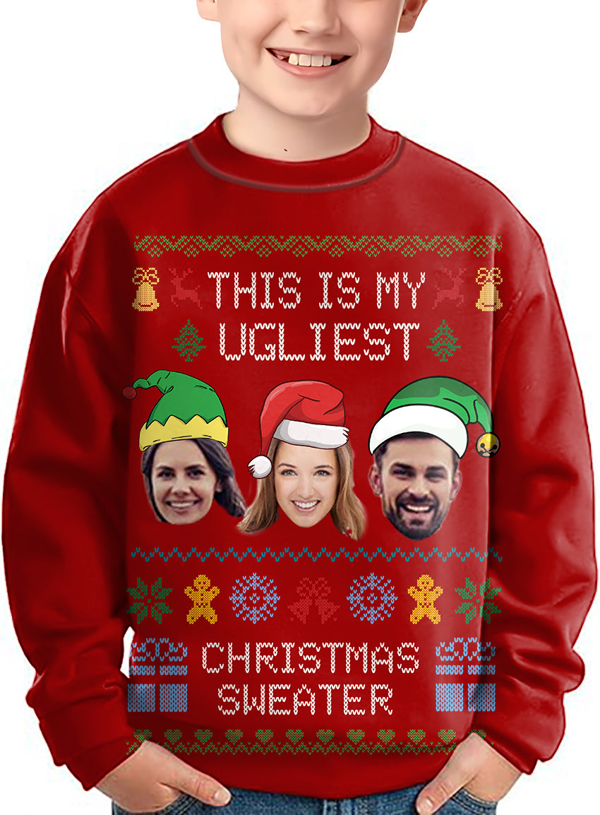 Red Christmas custom face crewneck kids ugly sweater with personalized photo design