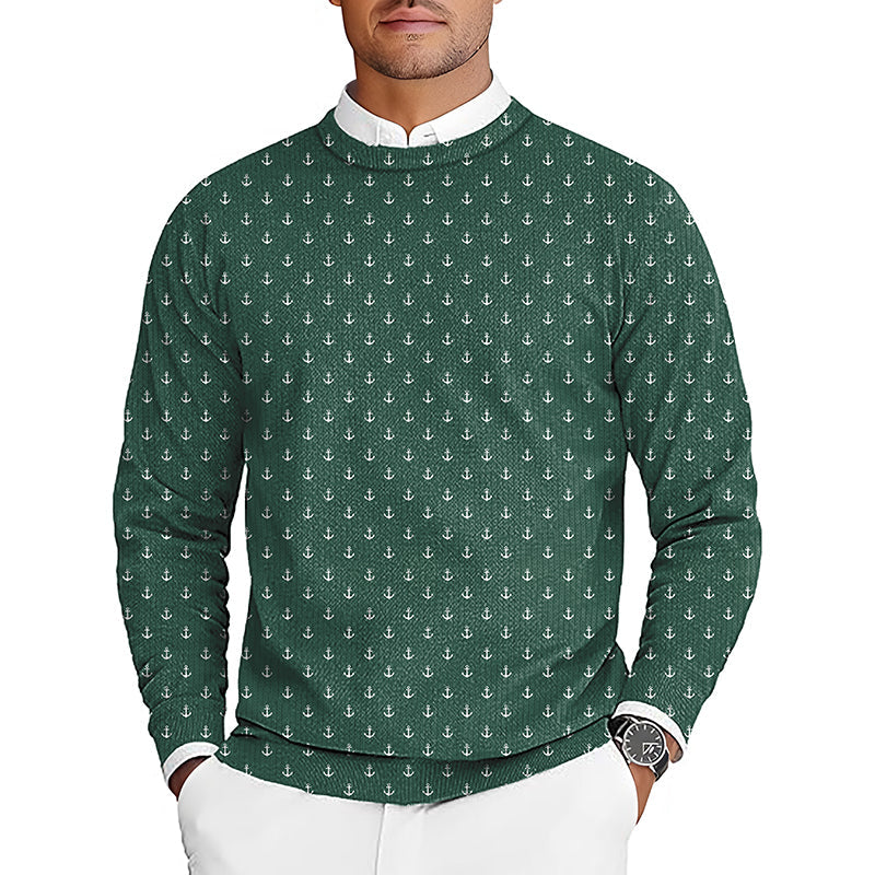 Green anchor patterned men's golf crewneck pullover sweater