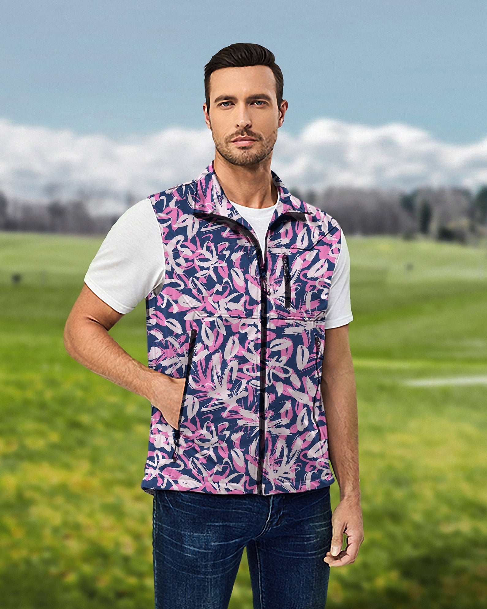 Men's Draw Flowers lightweight softshell vest with pink floral pattern, sleeveless and windproof for golf.