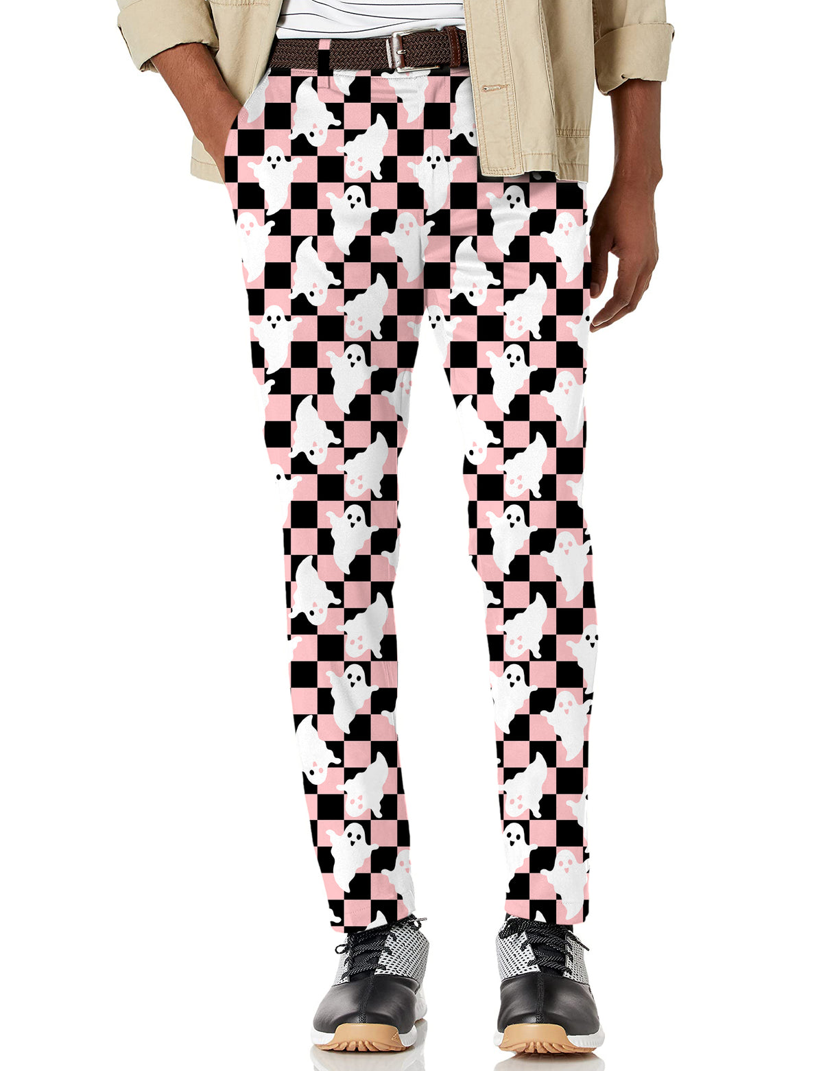 Men's Halloween Black and White Checkerboard Ghost Stretch Golf Pants
