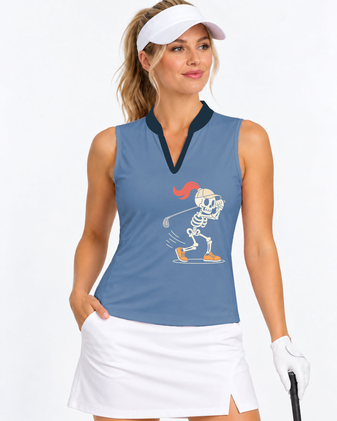 Pumpkin Blue Halloween Skeleton Golf Women's V Notch Mock Neck Sleeveless Golf Athletic Blouse