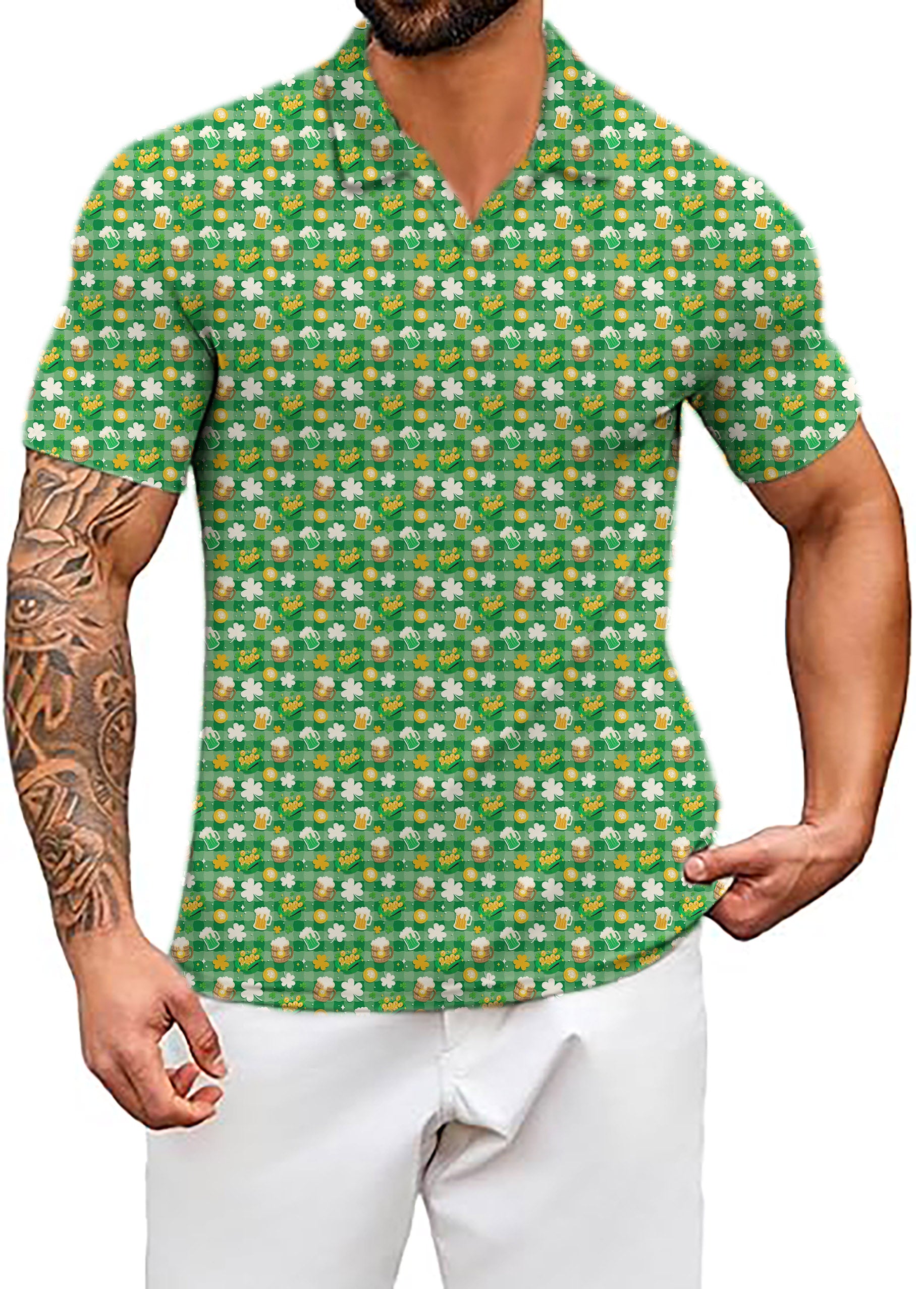 Men's Green beer and clover leaf St. Patrick's Day V Neck Golf Polo Shirts