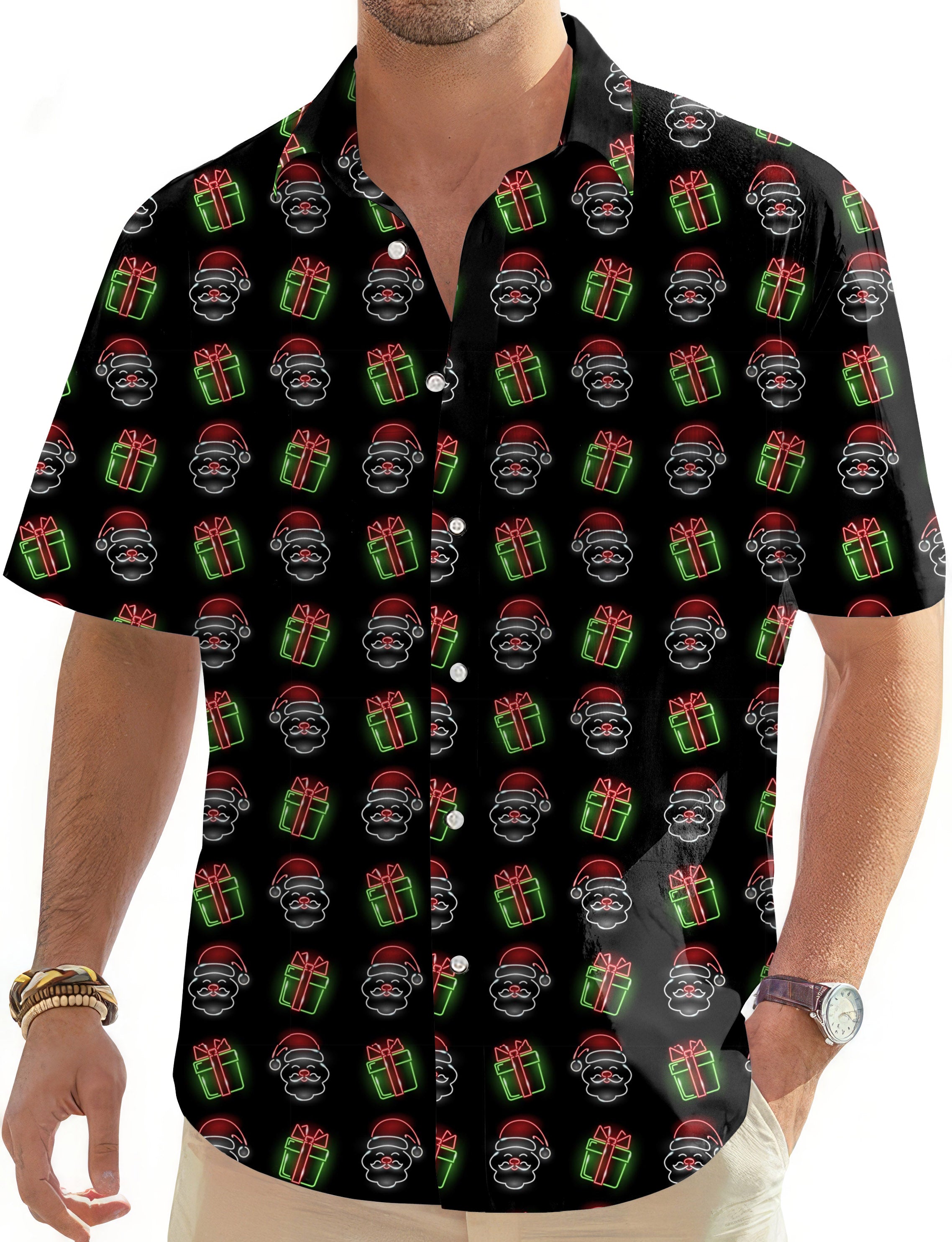 Neon Santa's Gifts-Men's Golf Hawaiian Shirts Button Down Shirt