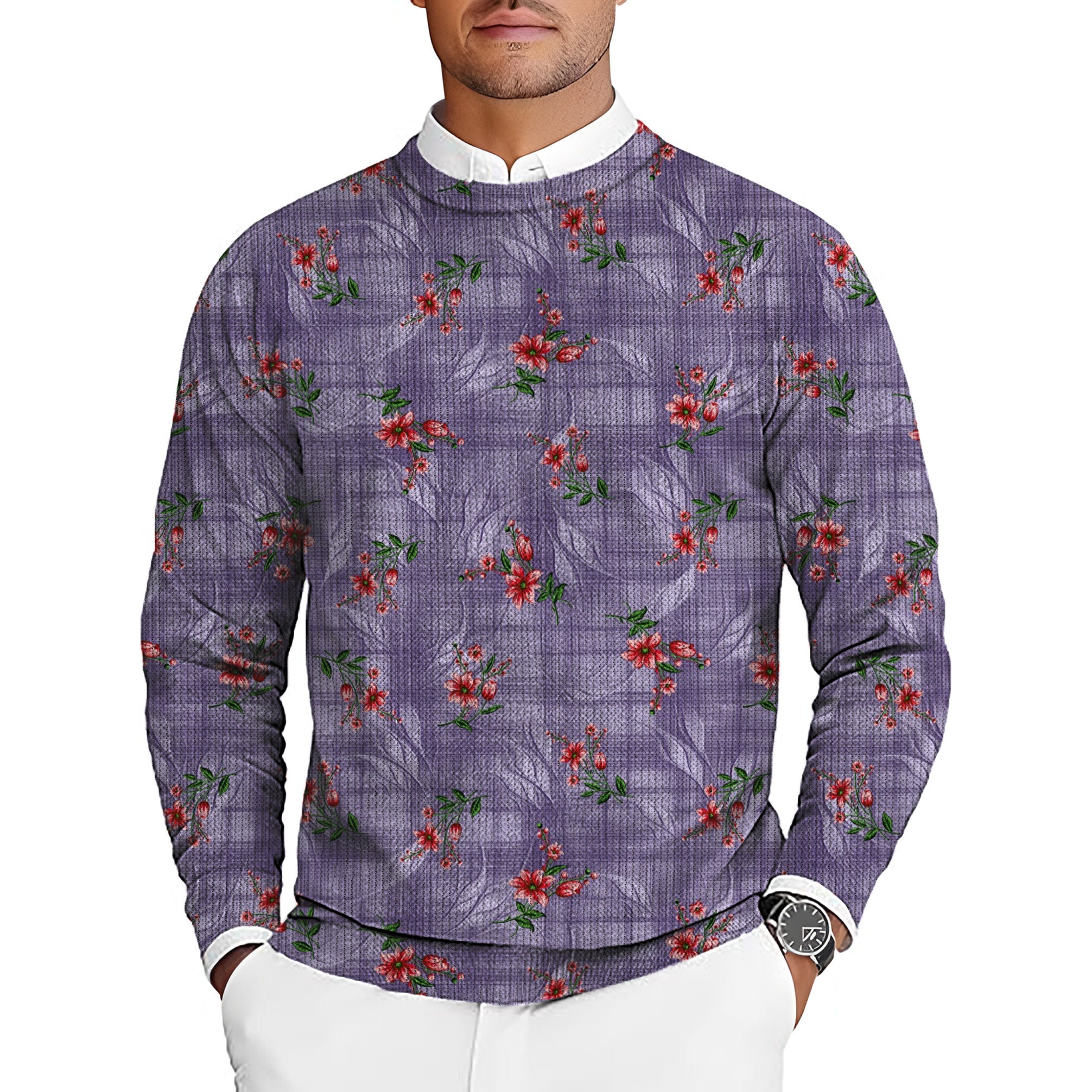 Purple flower men's golf crewneck pullover sweater with floral pattern
