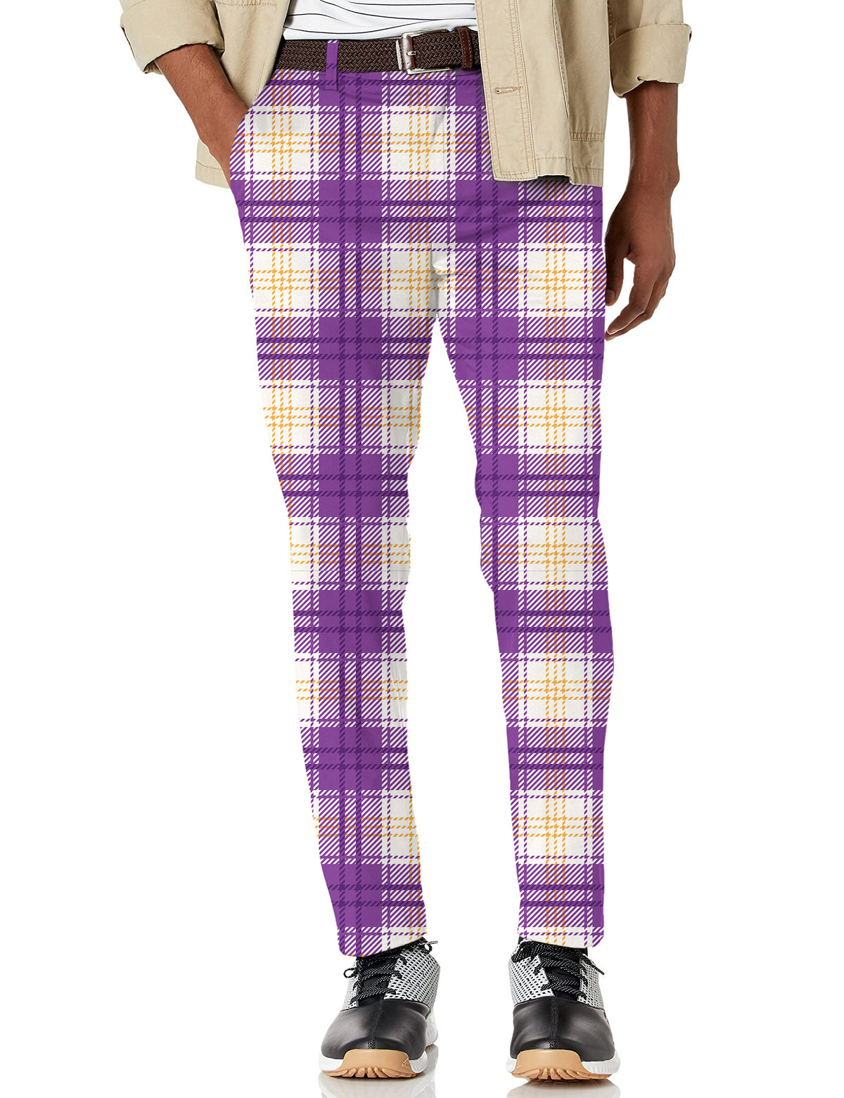 Men's Halloween purple and yellow grid pattern Stretch Golf Pants