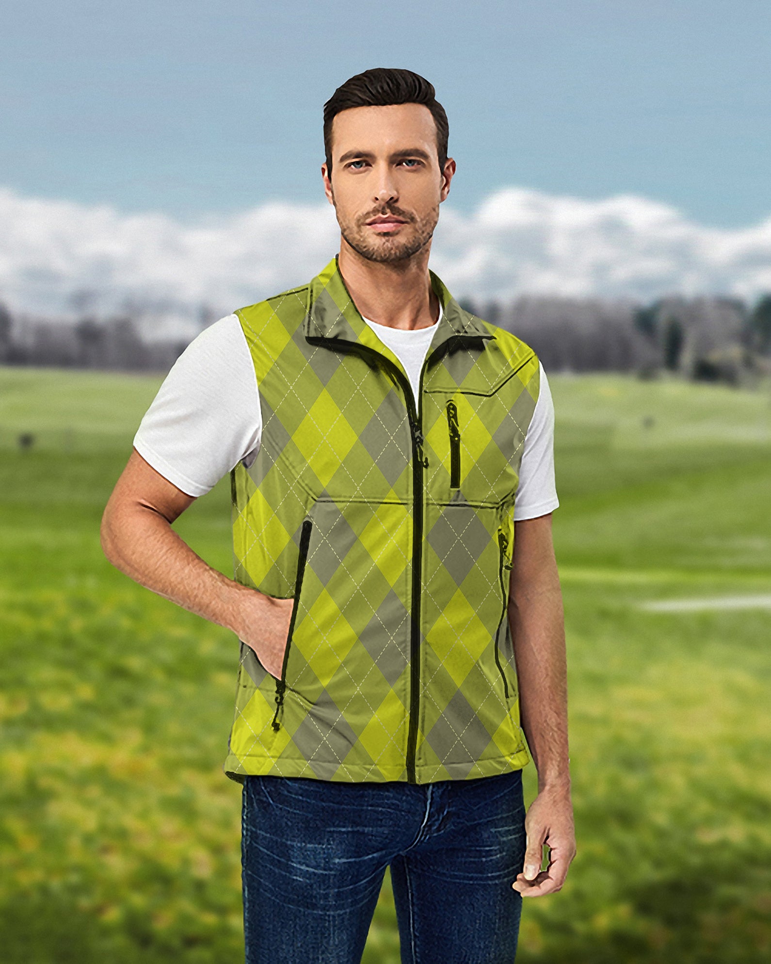 Men's Yollow Argyle Lightweight Softshell Vest Sleeveless Jacket for Golf Windproof Waterproof