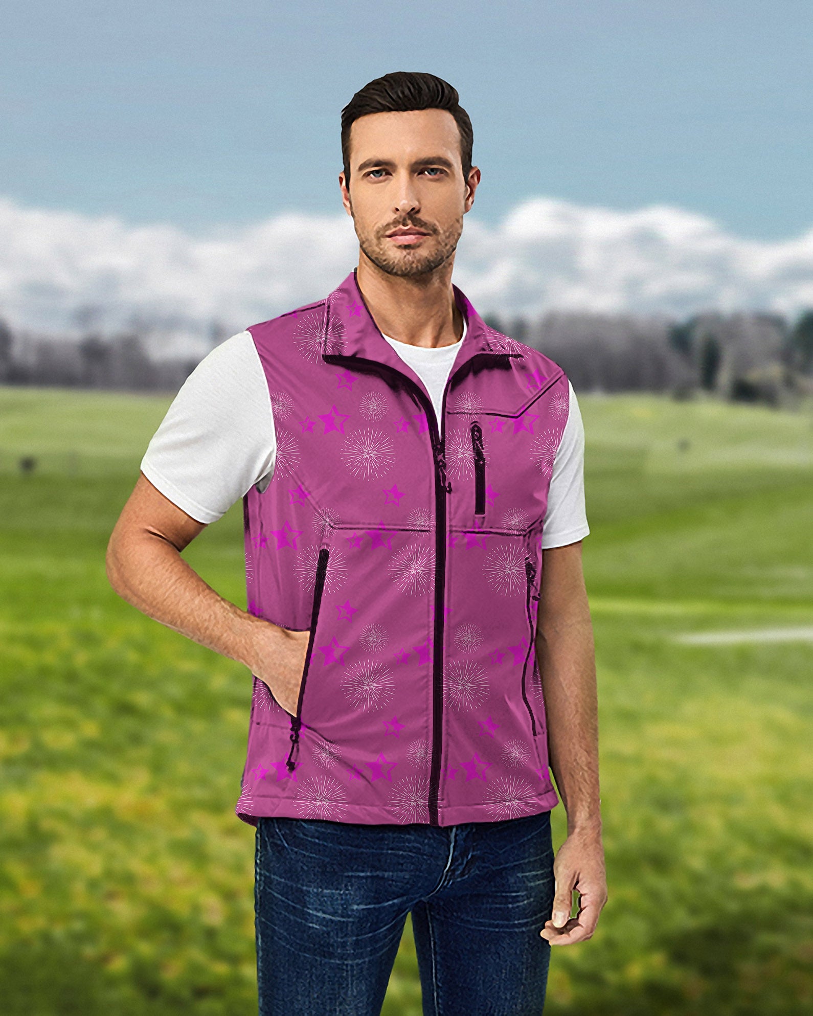 Men's Pentagram Impression Limited Edition Lightweight Softshell Vest Sleeveless Jacket for Golf Windproof Waterproof