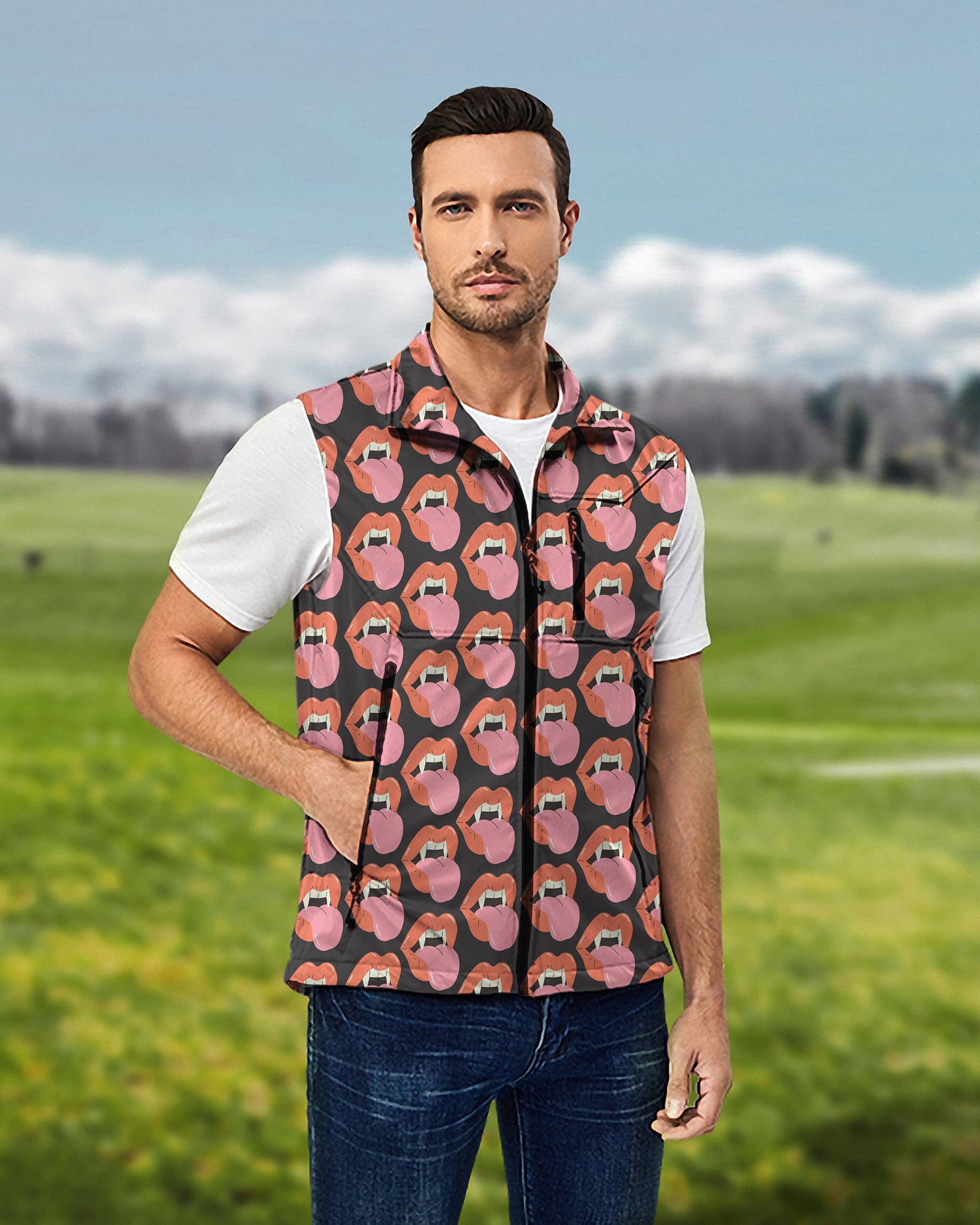 Men's Halloween Vampire Mouth Lightweight Softshell Vest Sleeveless Jacket for Golf Windproof Waterproof