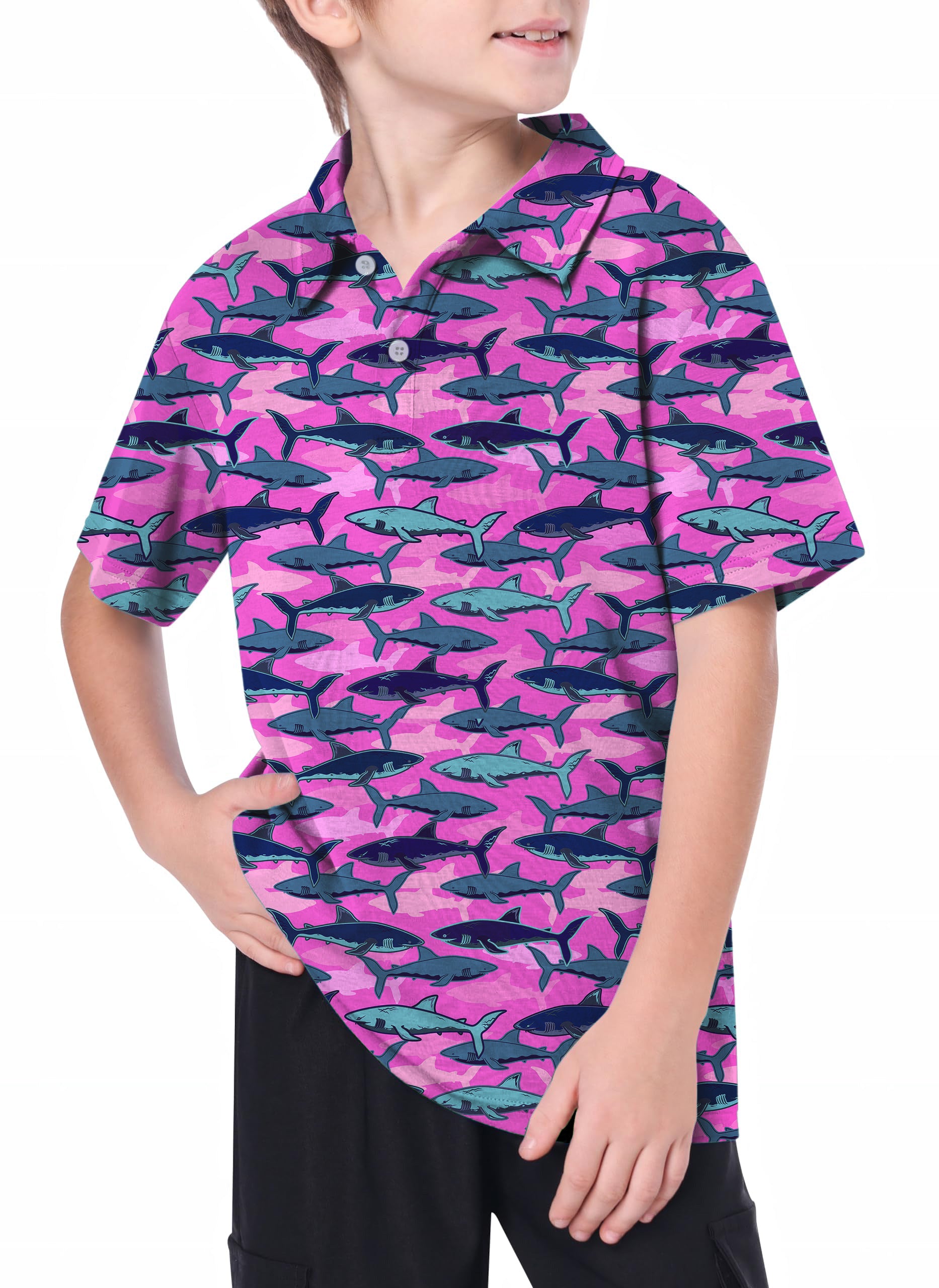 Youth Electric Sharks Pink Golf Polo