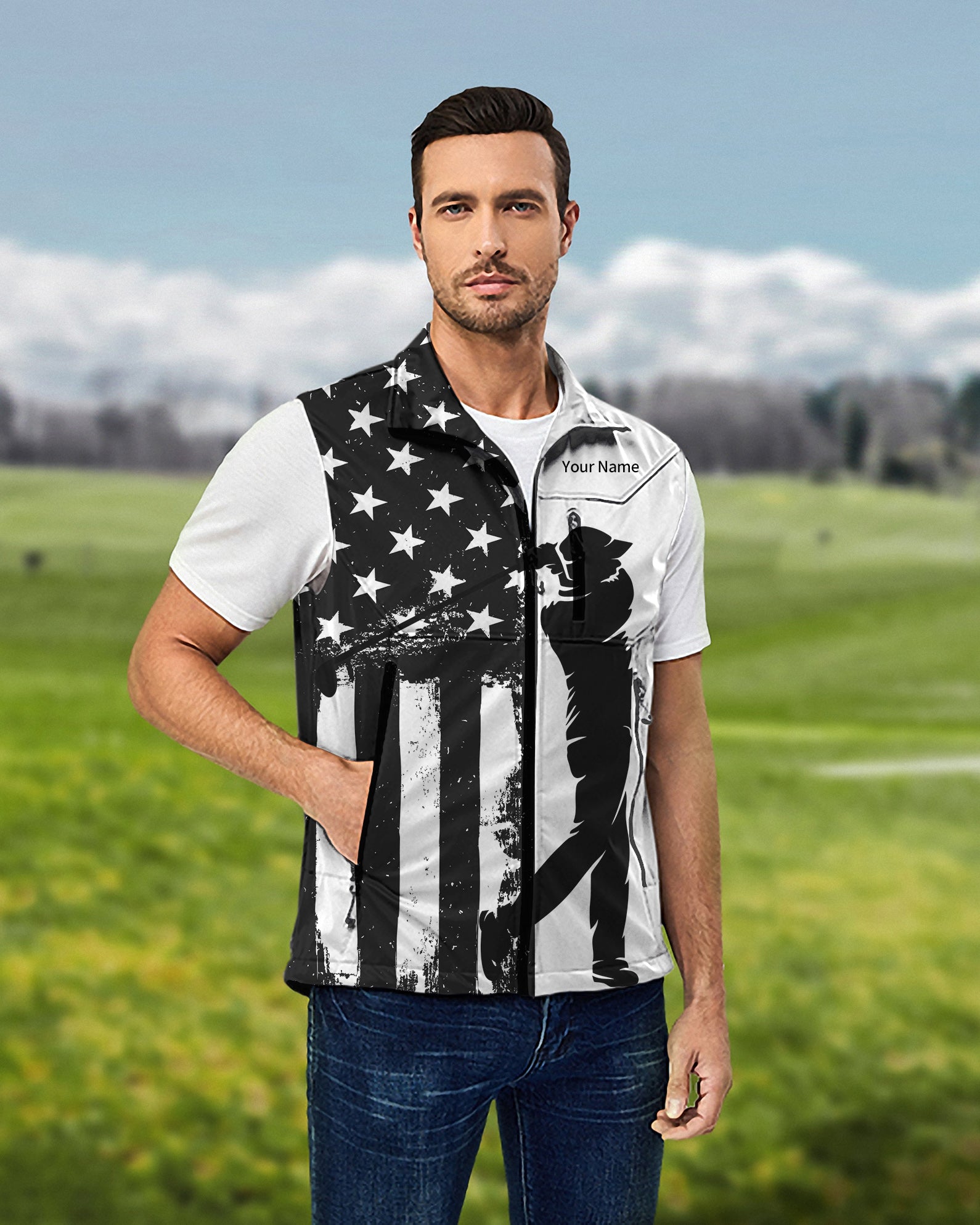 Personalized embroidery Your Name Men's American Flag Lightweight Softshell Vest Sleeveless Jacket for Golf Windproof Waterproof