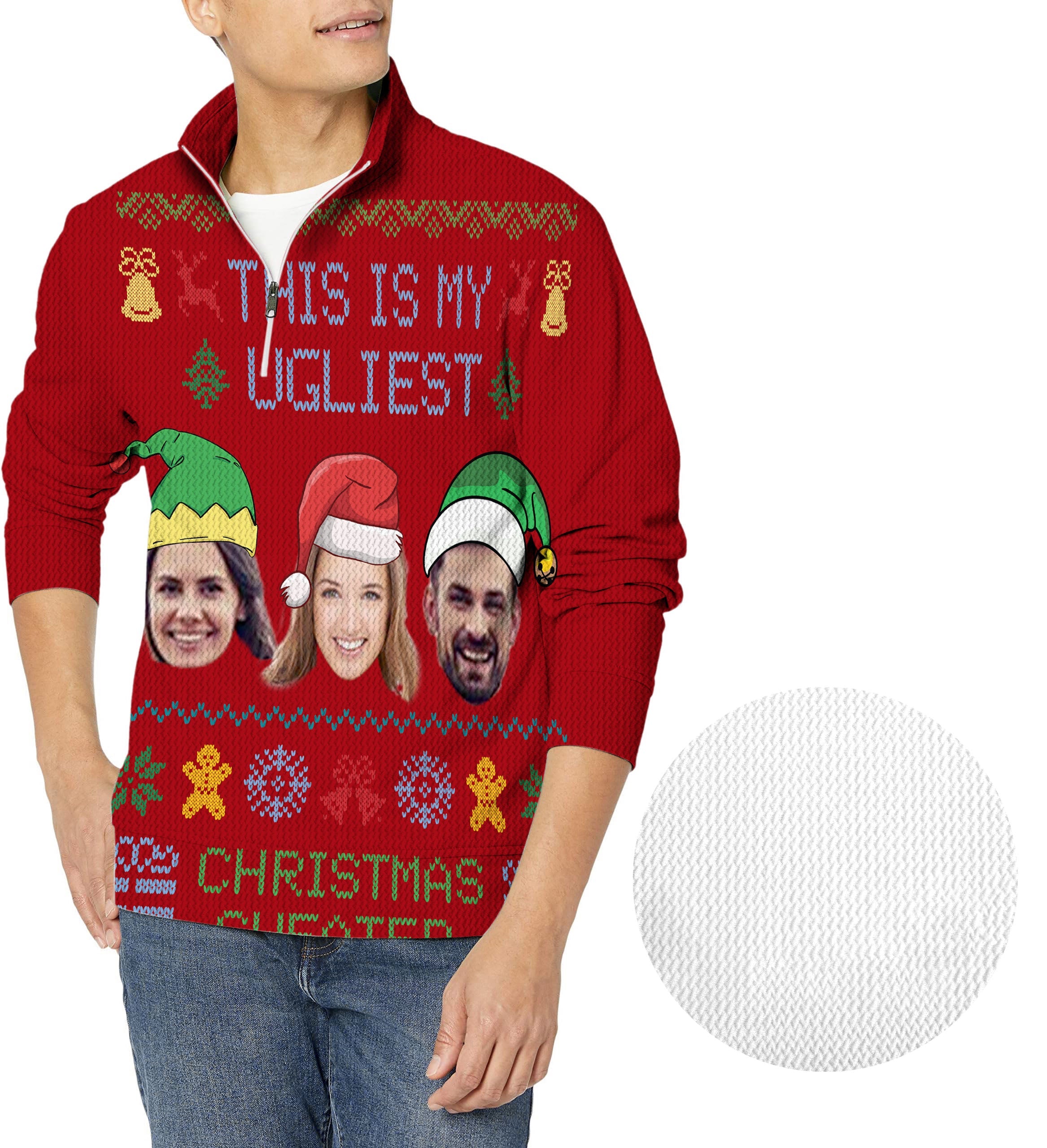 Men's red Christmas custom face golf waffle zipper pullover with festive design and personalized photo prints