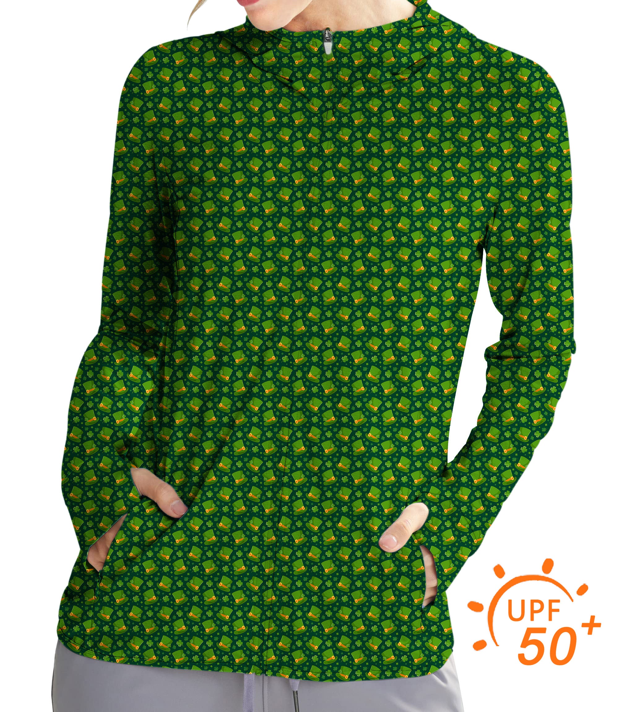 Women's Outdoor Leprechaun hat clover leaf St. Patrick's Day Golf Sun Protection Slim Fit zip hoodies