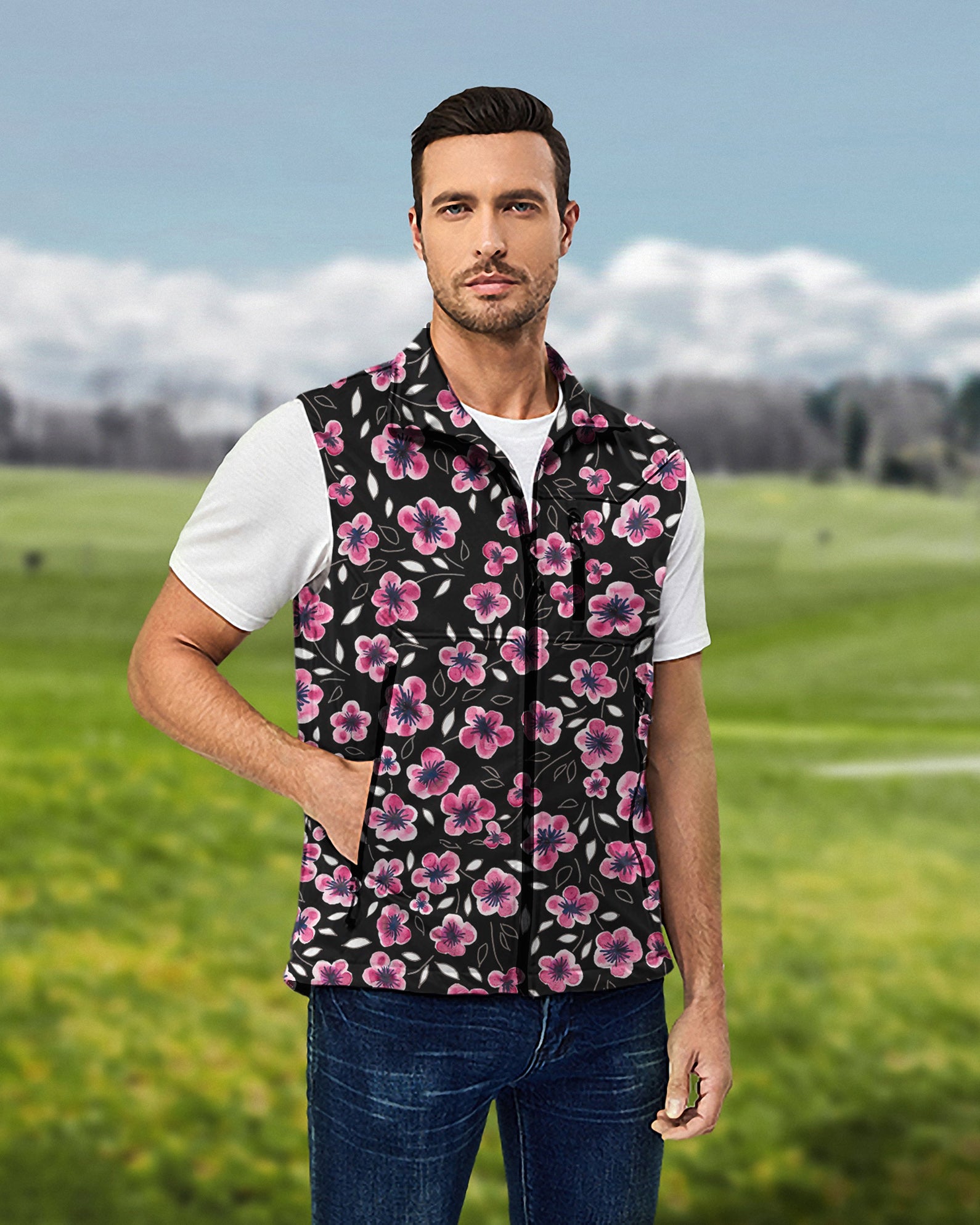 Men's Floral Out Lightweight Softshell Vest Sleeveless Jacket for Golf Windproof Waterproof