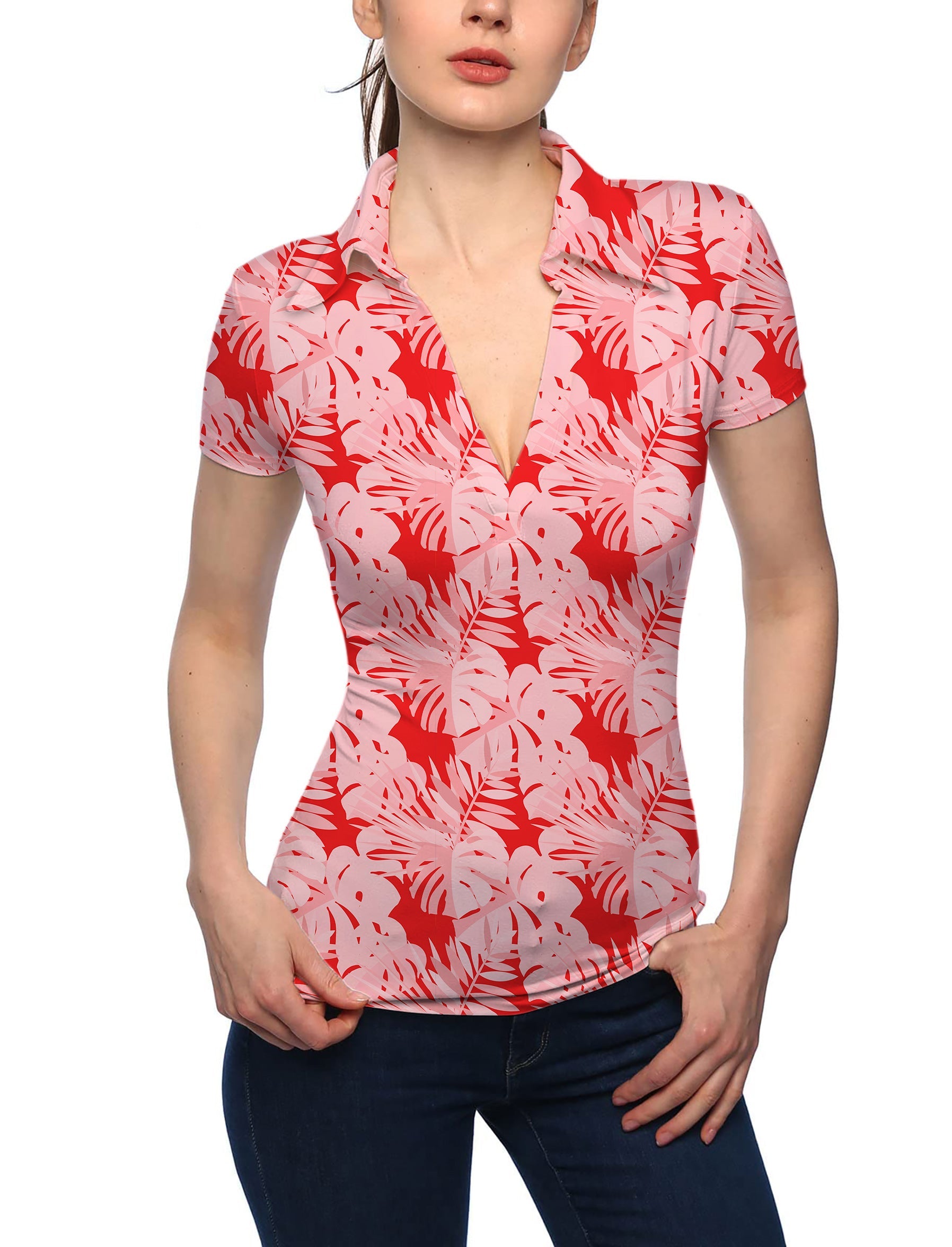 Women's red tropical leaves and plants V Neck Golf Polo