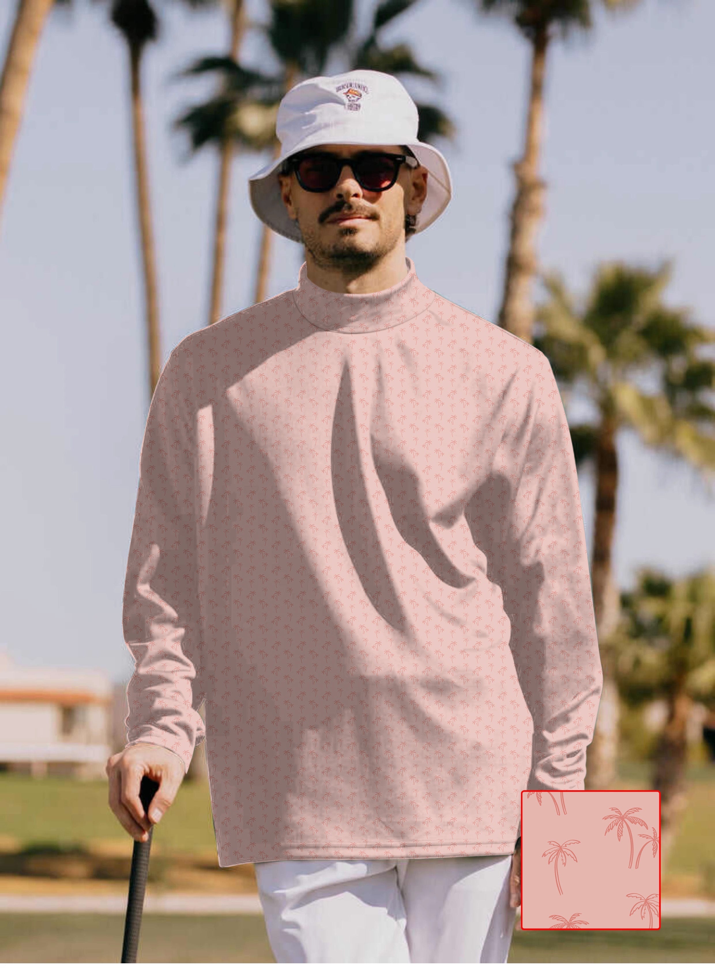 Men's pink pullover with coconut tree design and high neck, long sleeve golf shirt