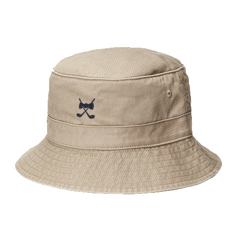 Khaki bucket hat with embroidered golf club design, customizable name, and durable cotton material for sun protection and casual style.