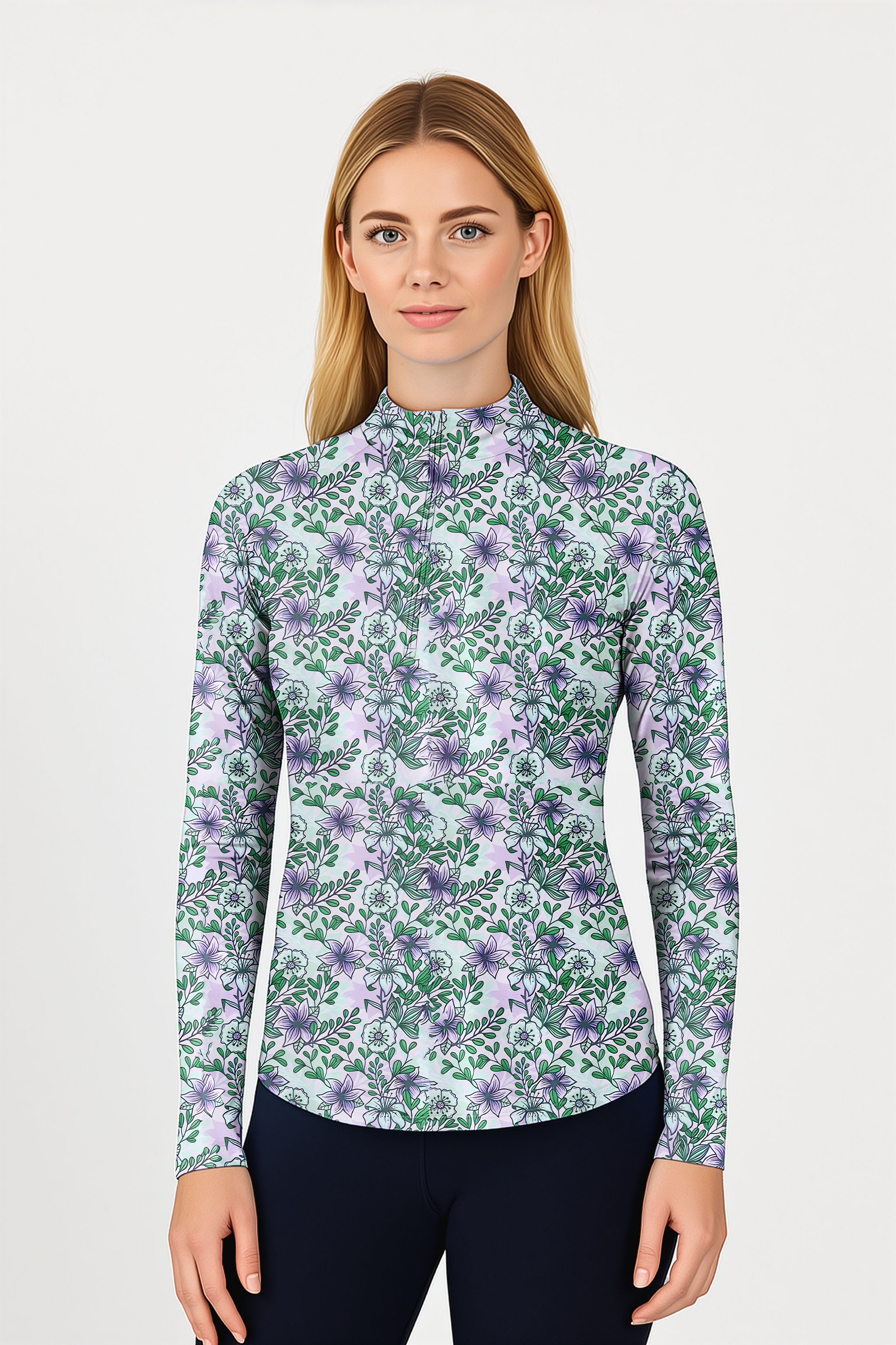 Purple Flowers  Women's Golf Active 3/4 Zip Top