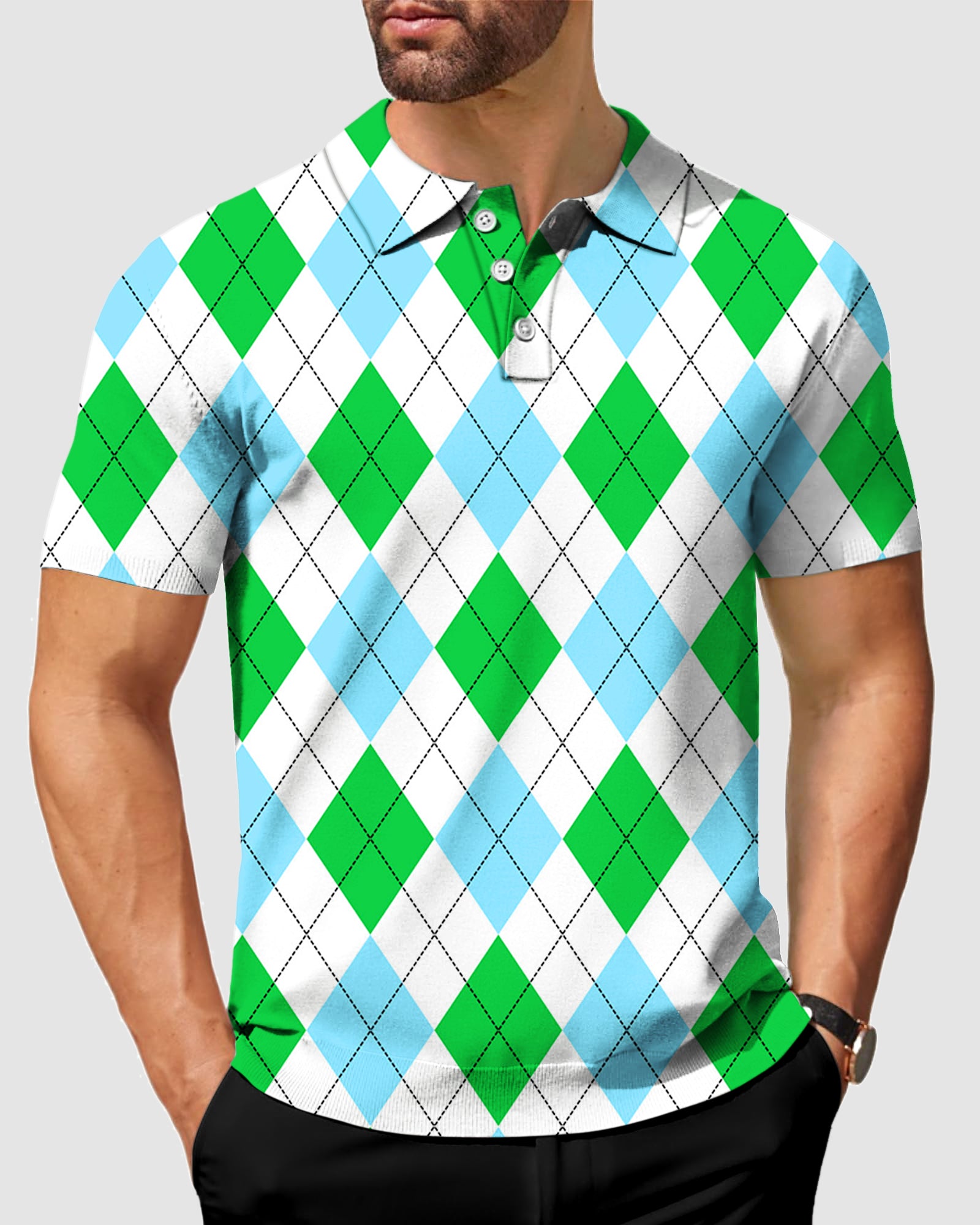Men's Green diamond grid golf polo