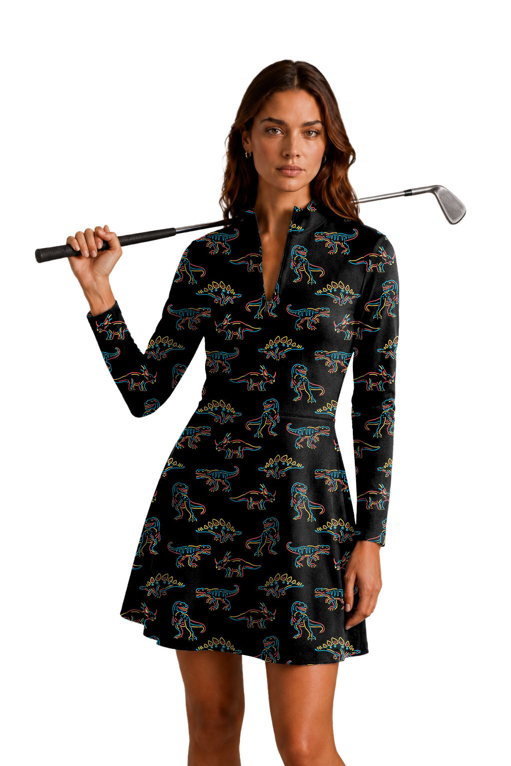 Prehistoric times dinosaur Women's Golf Long Sleeve Zipper Dresses Comes with separate matching shorts