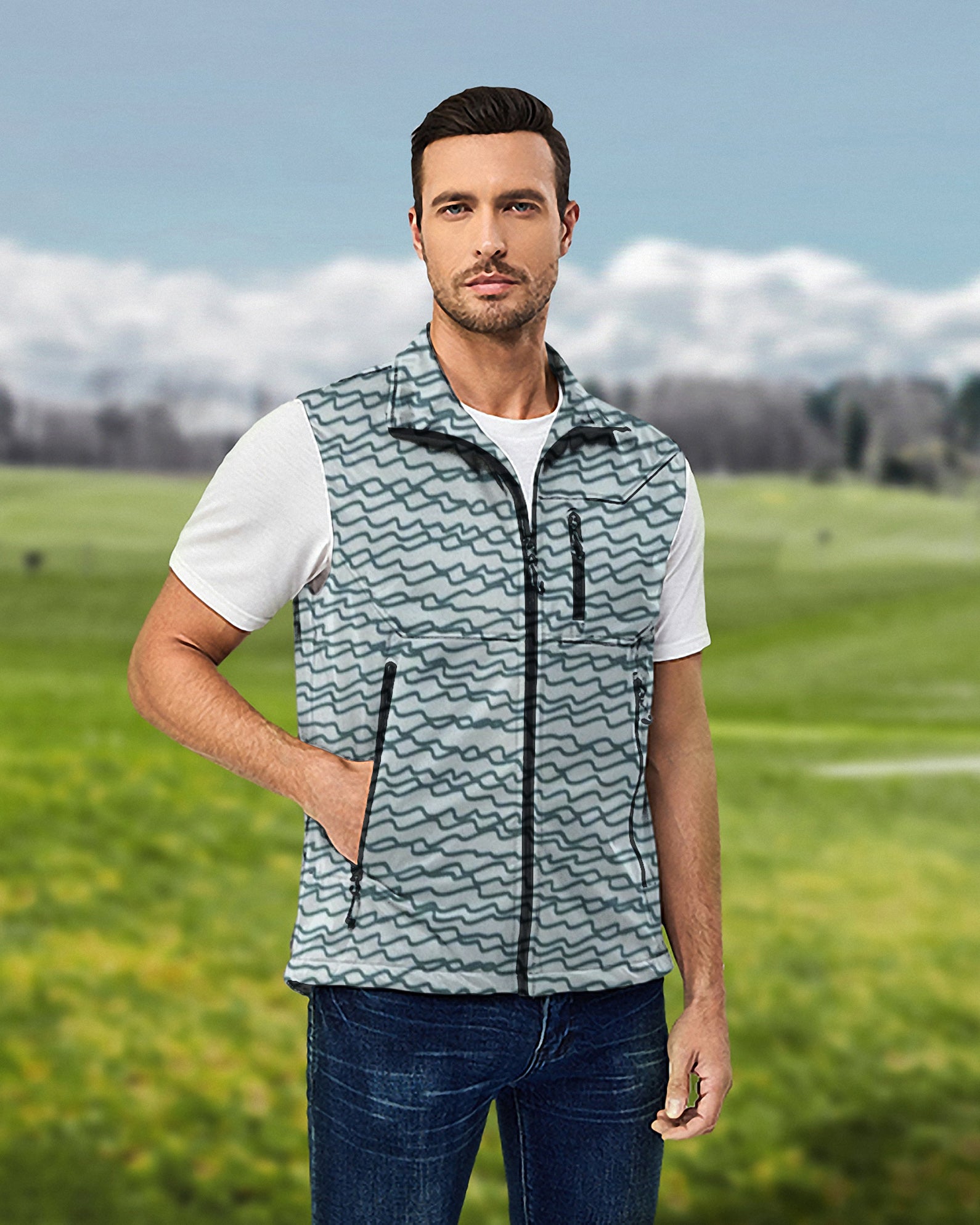 Men's Green Irregular Wavy Lines Lightweight Softshell Vest Sleeveless Jacket for Golf Windproof Waterproof