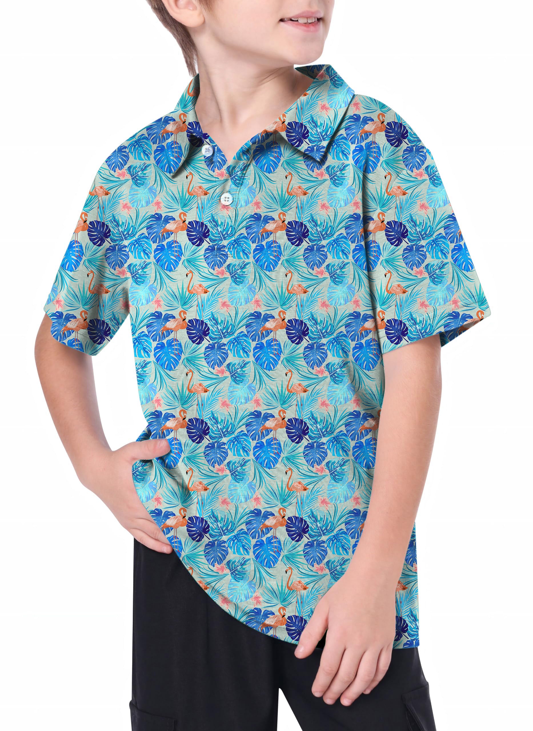 Youth Blue tropical flower flamingo Golf Polo