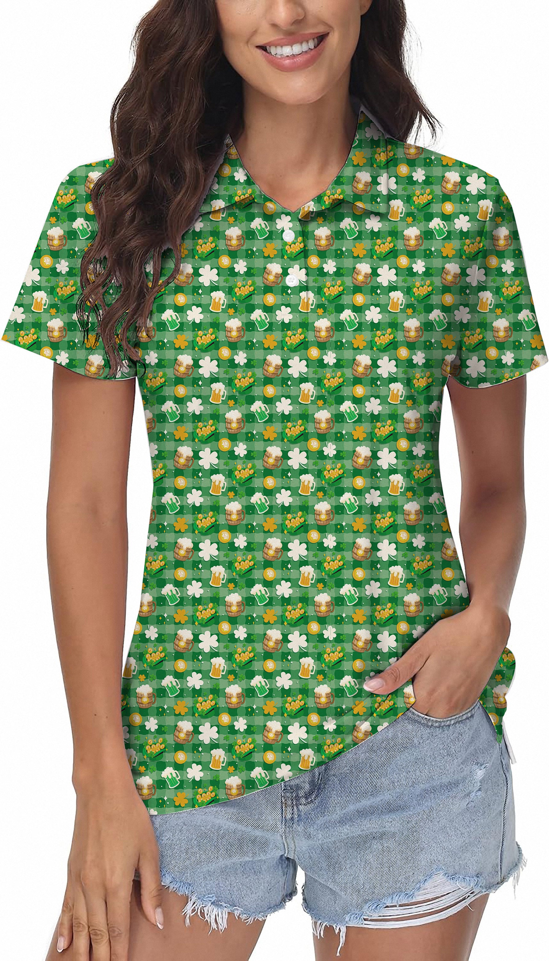 Green beer and clover leaf St. Patrick's Day Women's Golf Polo
