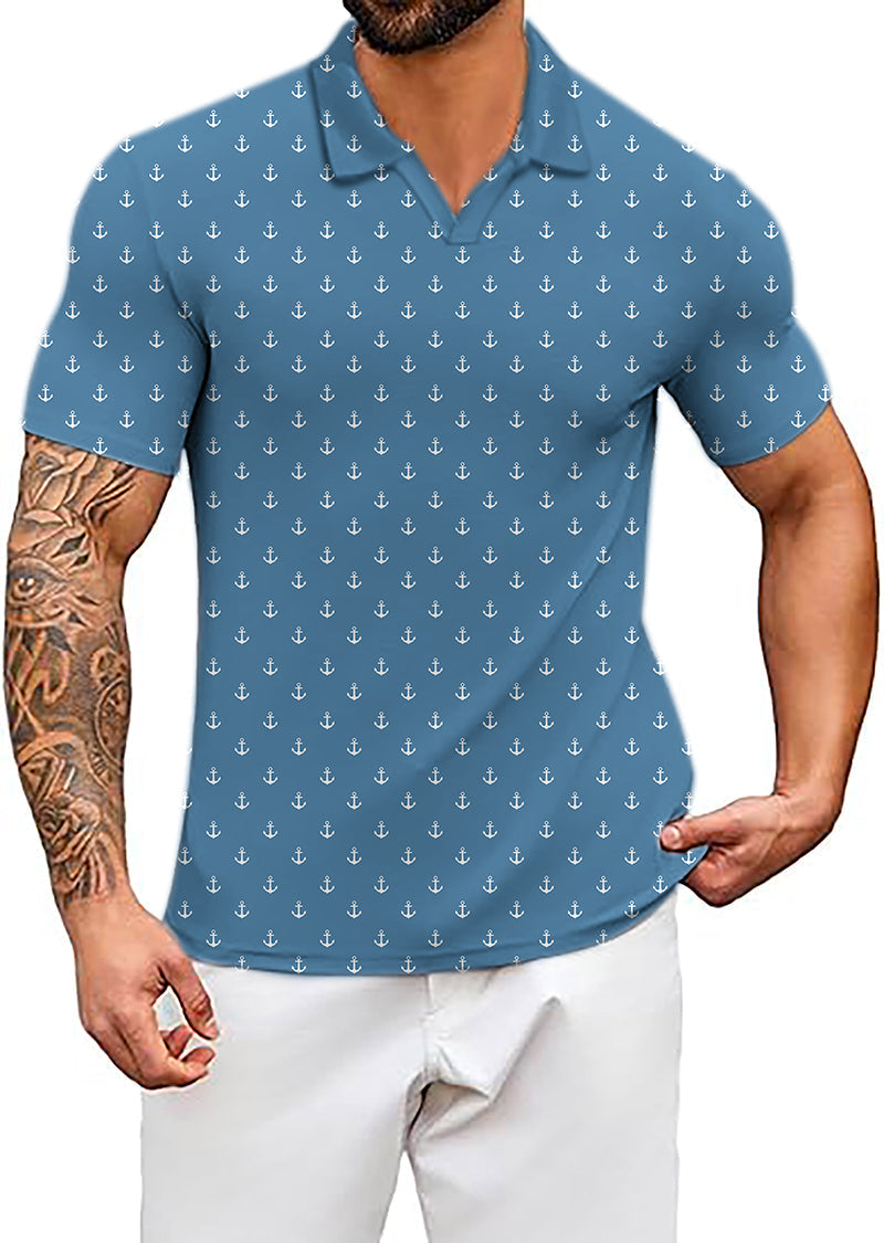 Men's Coconut Palm navy blue polo shirt with ink dots and sea blue anchor pattern, four-way stretch, moisture-wicking fabric, UPF 40+ protection, wrinkle resistant, classic fit, customizable design