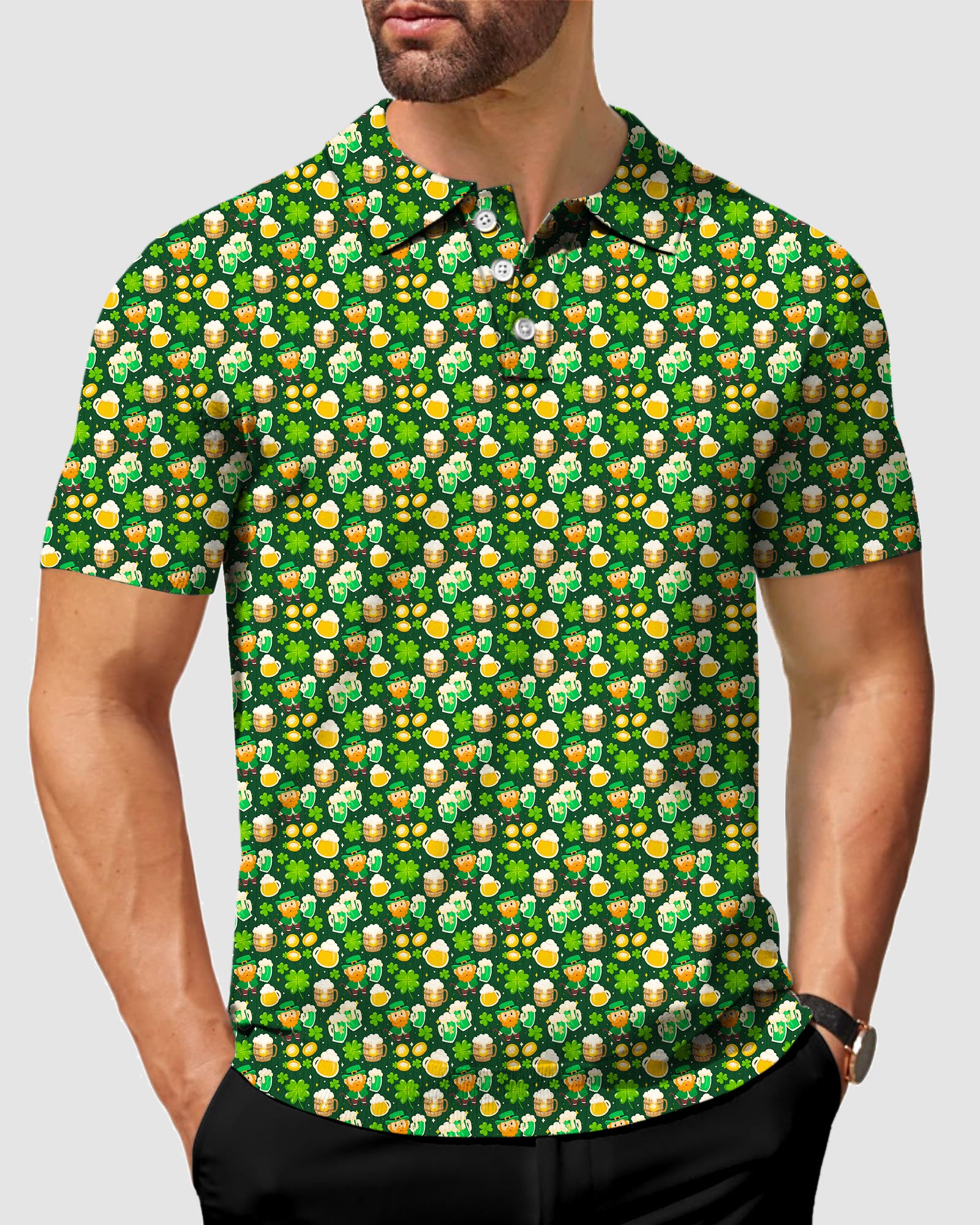 Men's Green beer clover leaf St. Patrick's Day Golf Polo