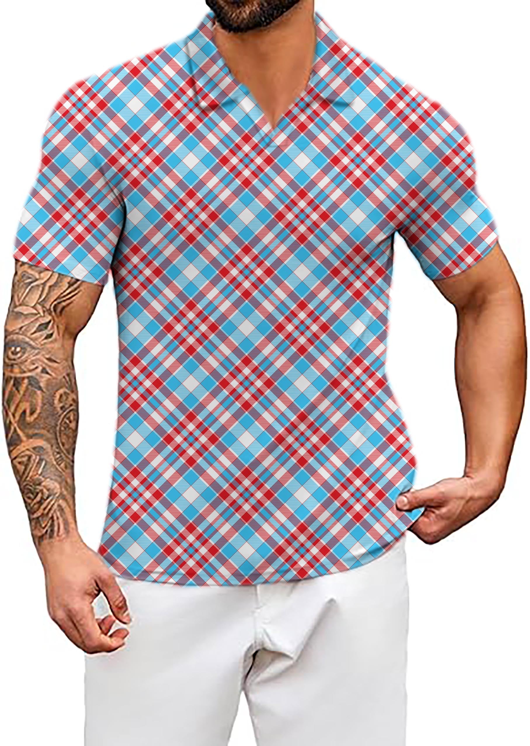 Men's Argyle red blue V Neck Golf Polo Shirts