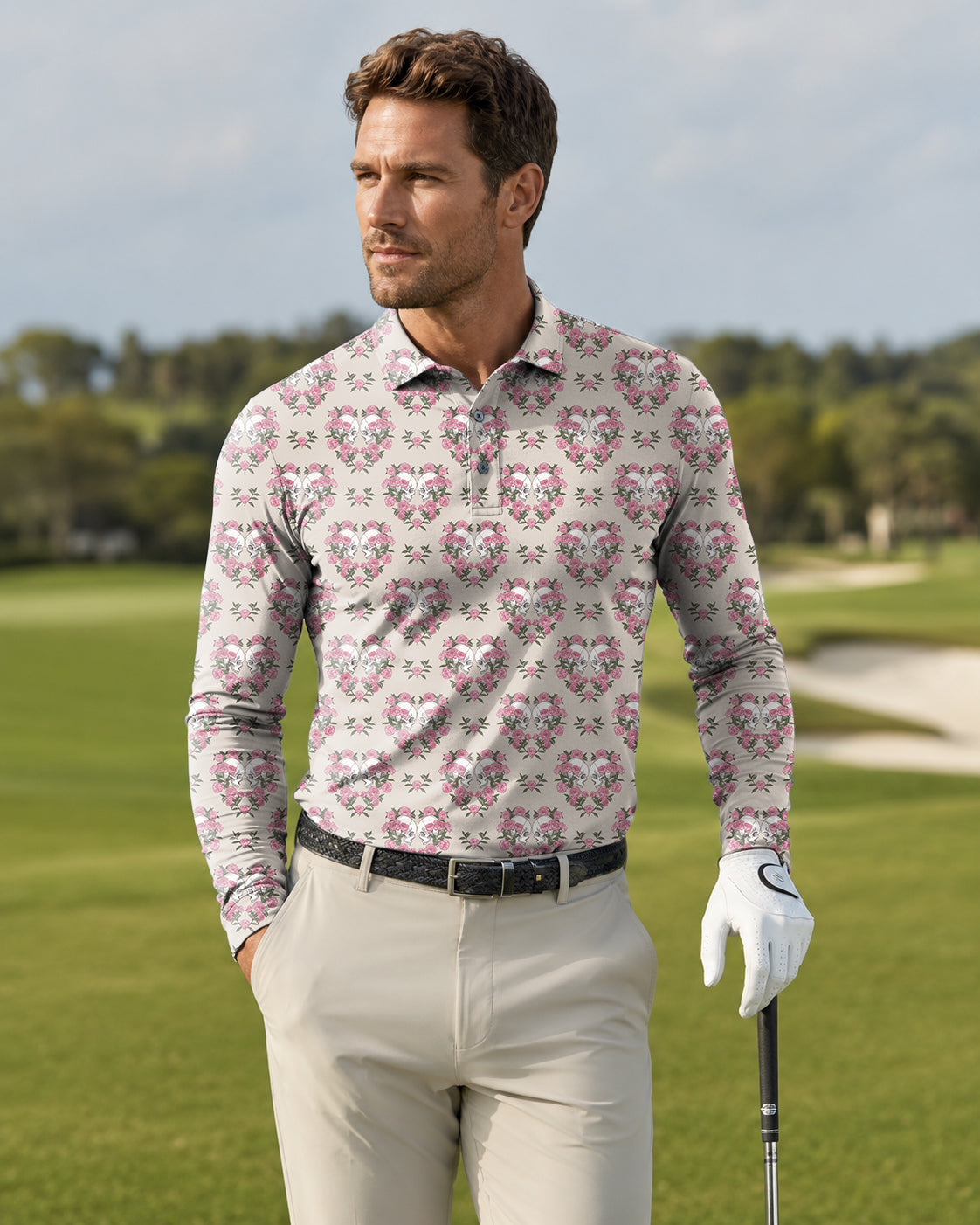 Men's Halloween Skull Rose Long-sleeved Polo