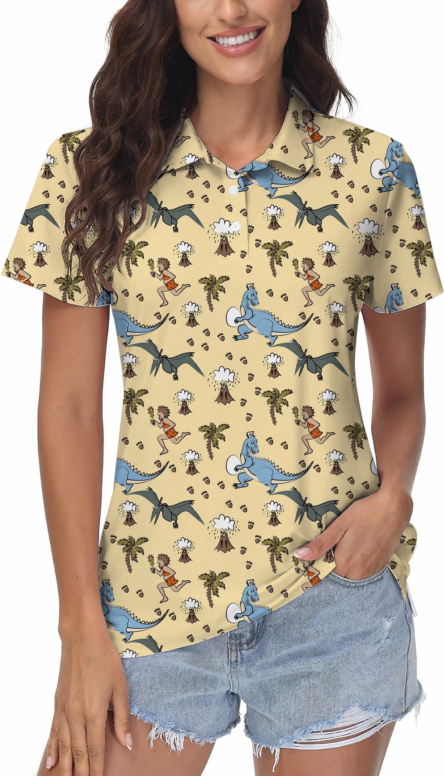 dinosaur wild man volcano Women's Golf Polo