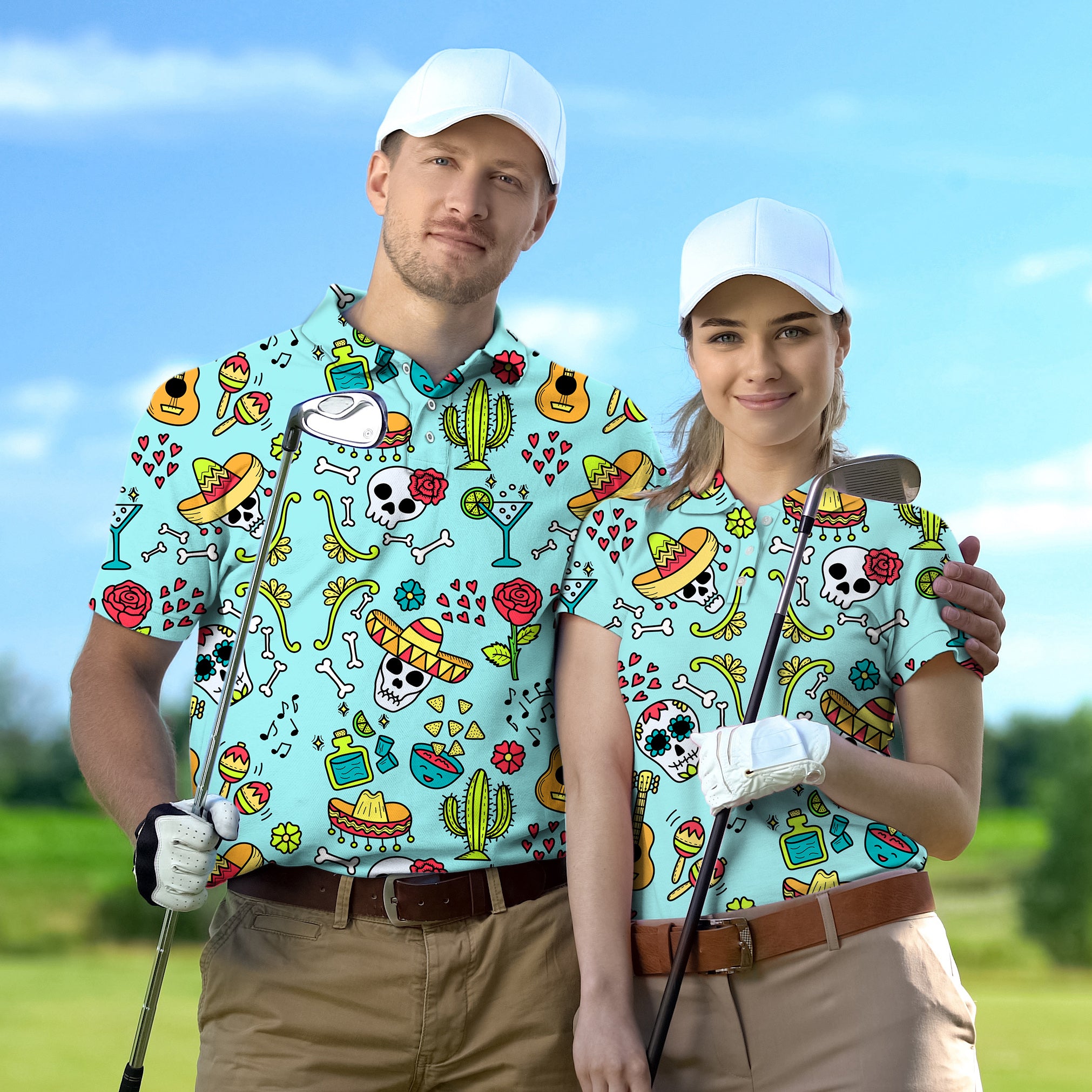 Golf Polo Couple Family set Fiesta Time Skull flower