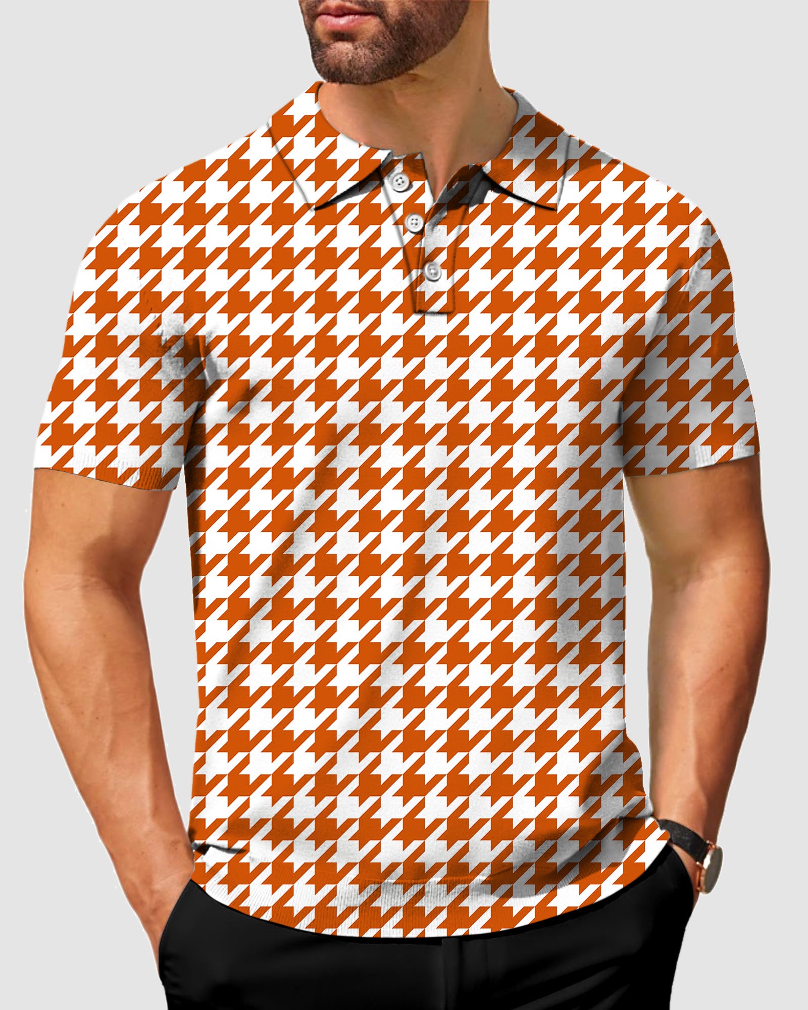 Men's Halloween yellow and white houndstooth Polo