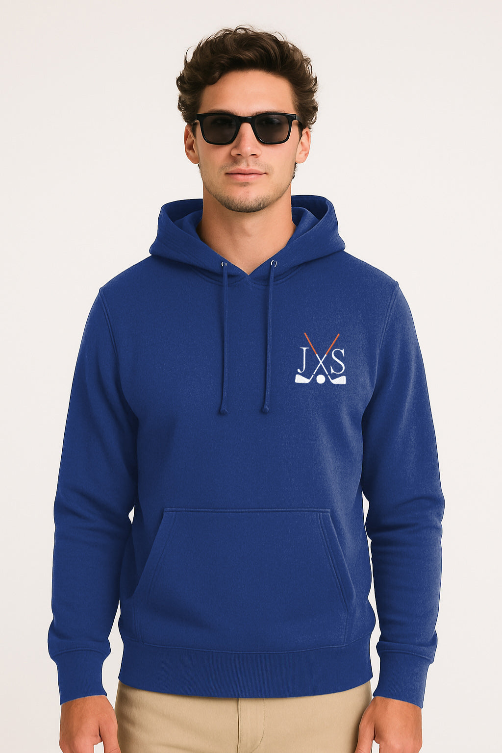 Navy blue plus size men's hoodie with embroidered logo, rib knit cuffs, and three-panel hood